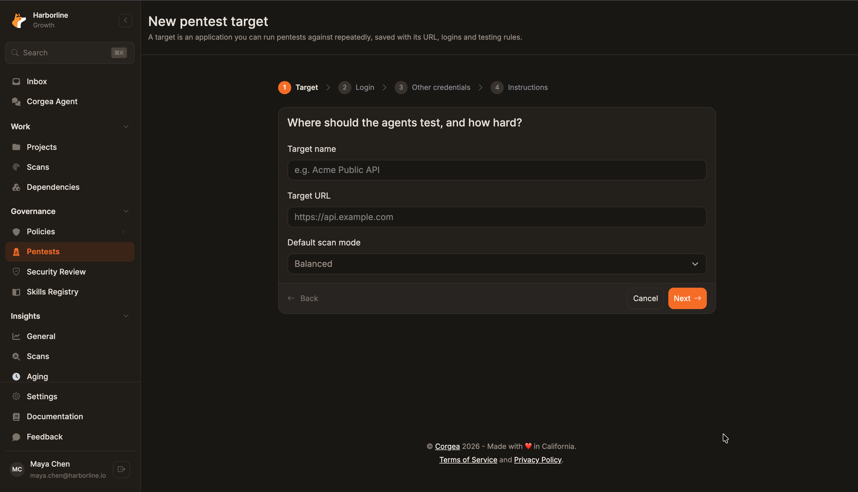 New pentest target wizard with name, URL, and Balanced or Deep scan mode