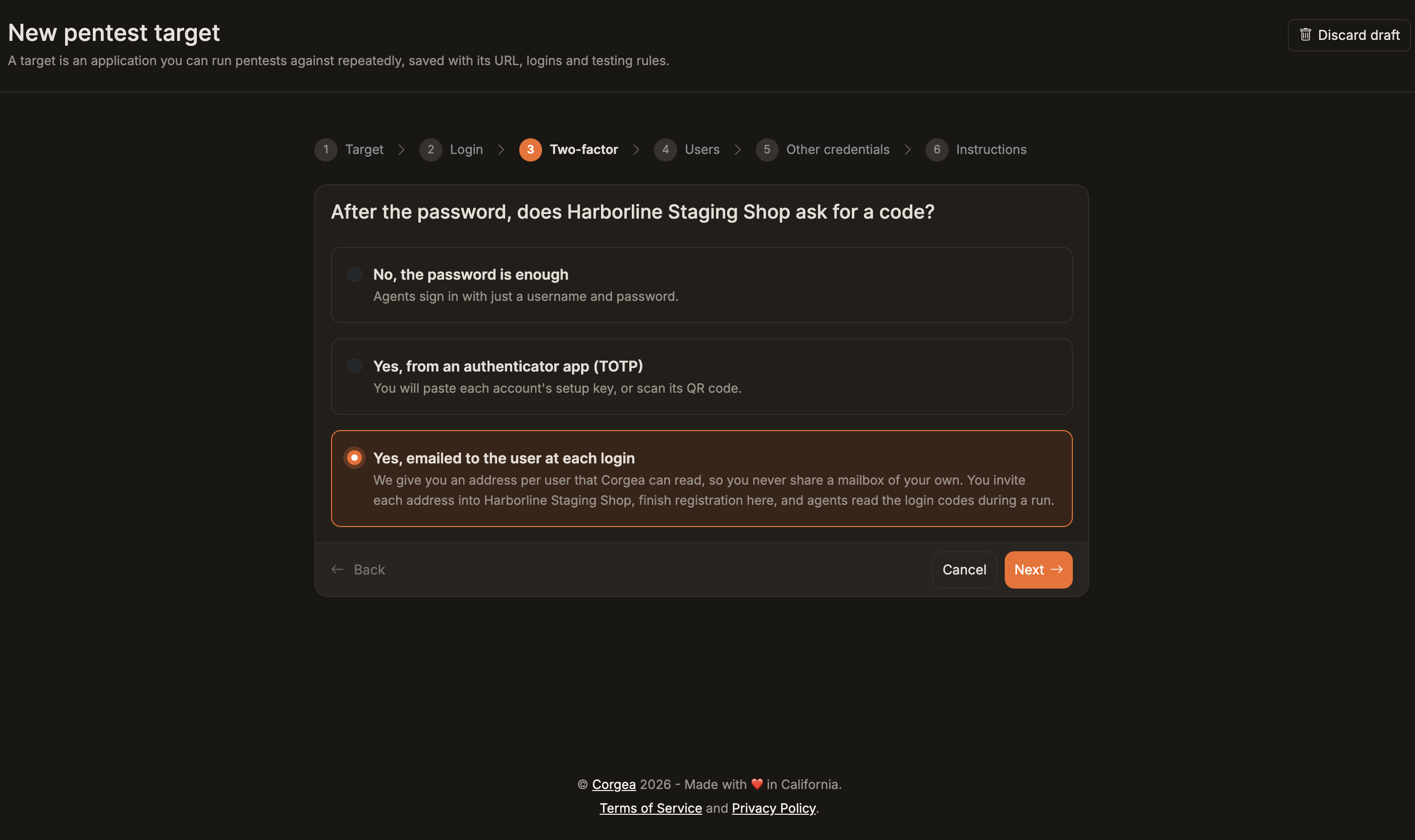 Pentest wizard two-factor step with emailed login codes selected