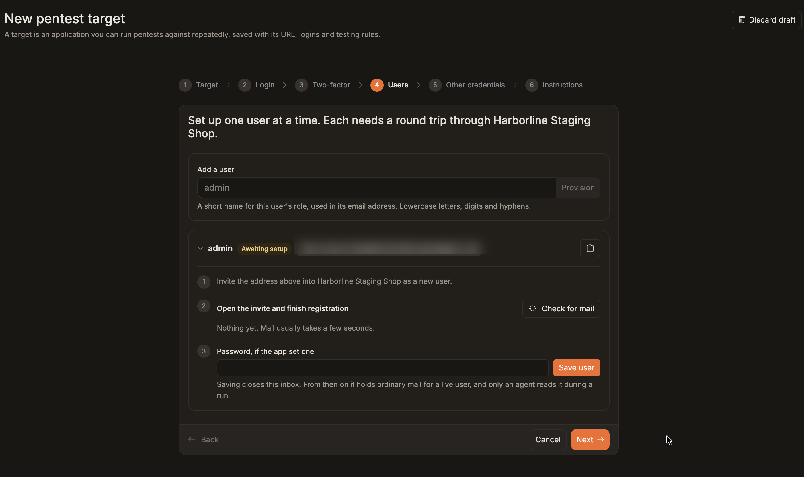 Pentest wizard user setup for emailed login codes, with Provision and Check for mail