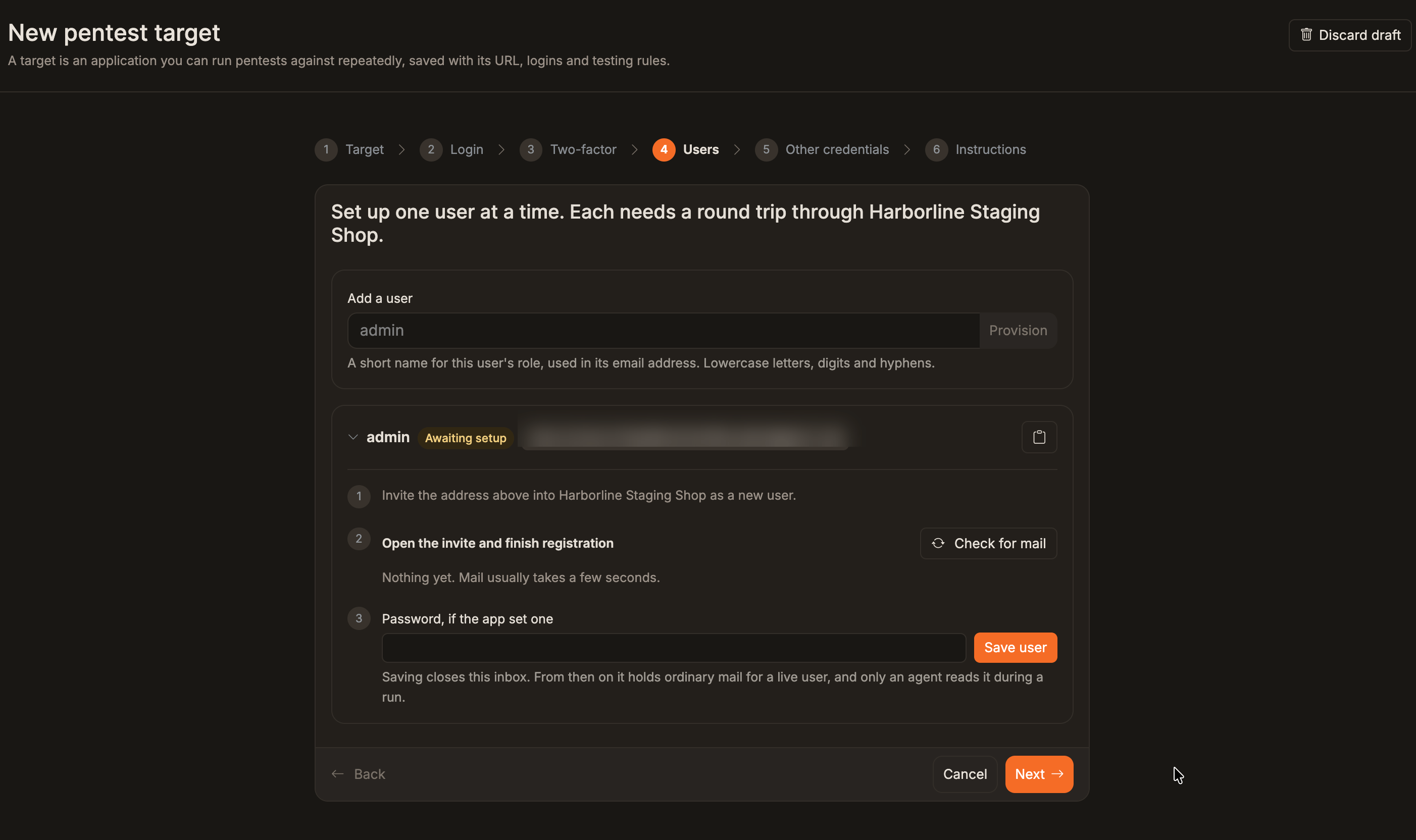 Pentest wizard user setup for emailed login codes, with Provision and Check for mail