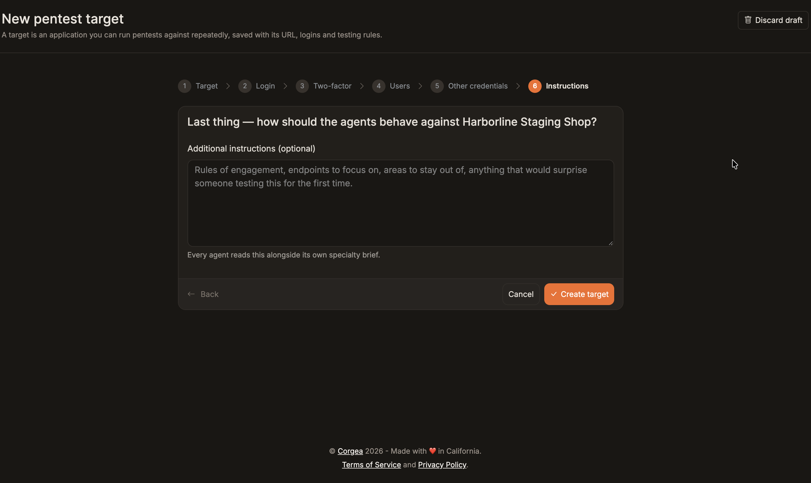 Pentest wizard additional instructions step before Create target