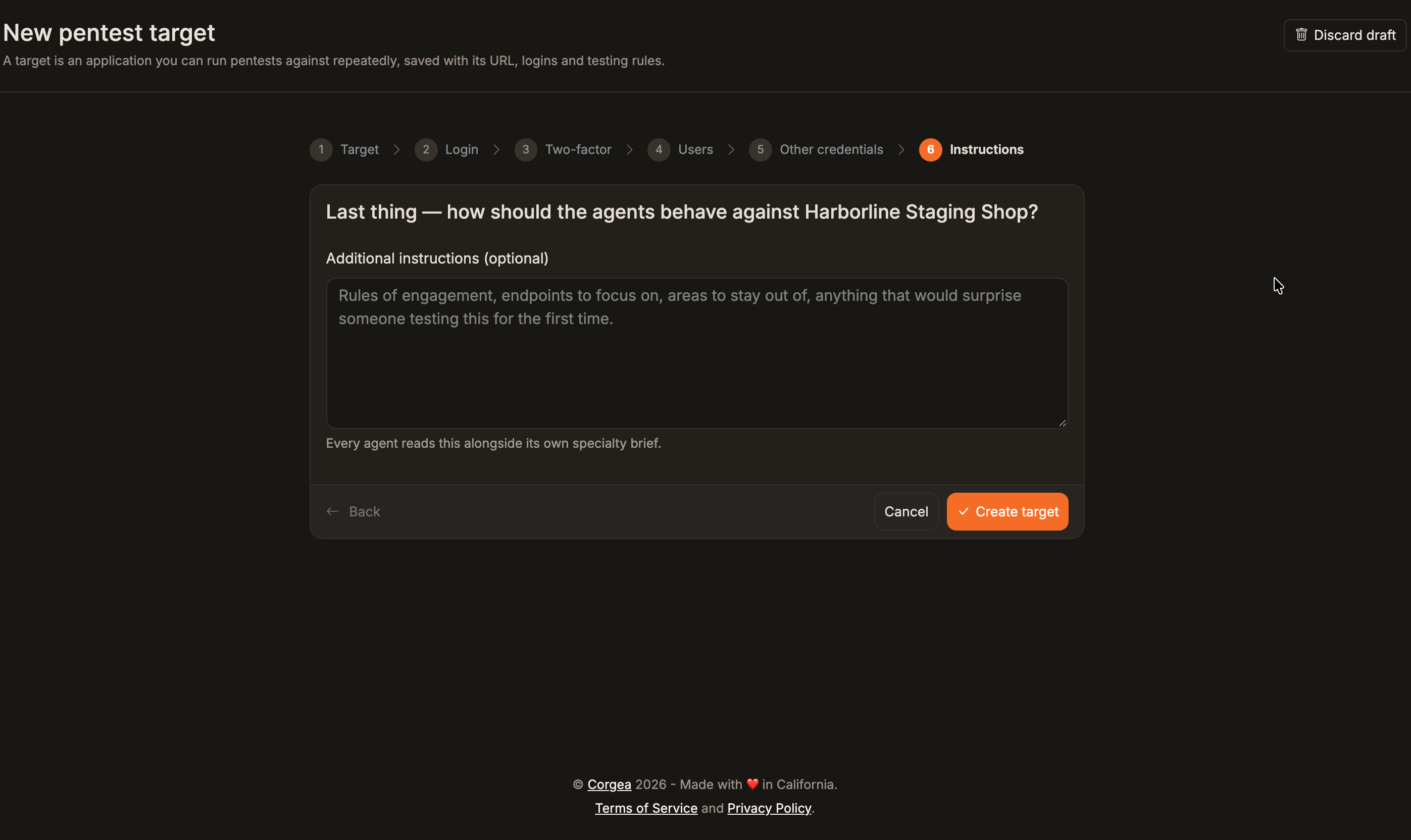 Pentest wizard additional instructions step before Create target