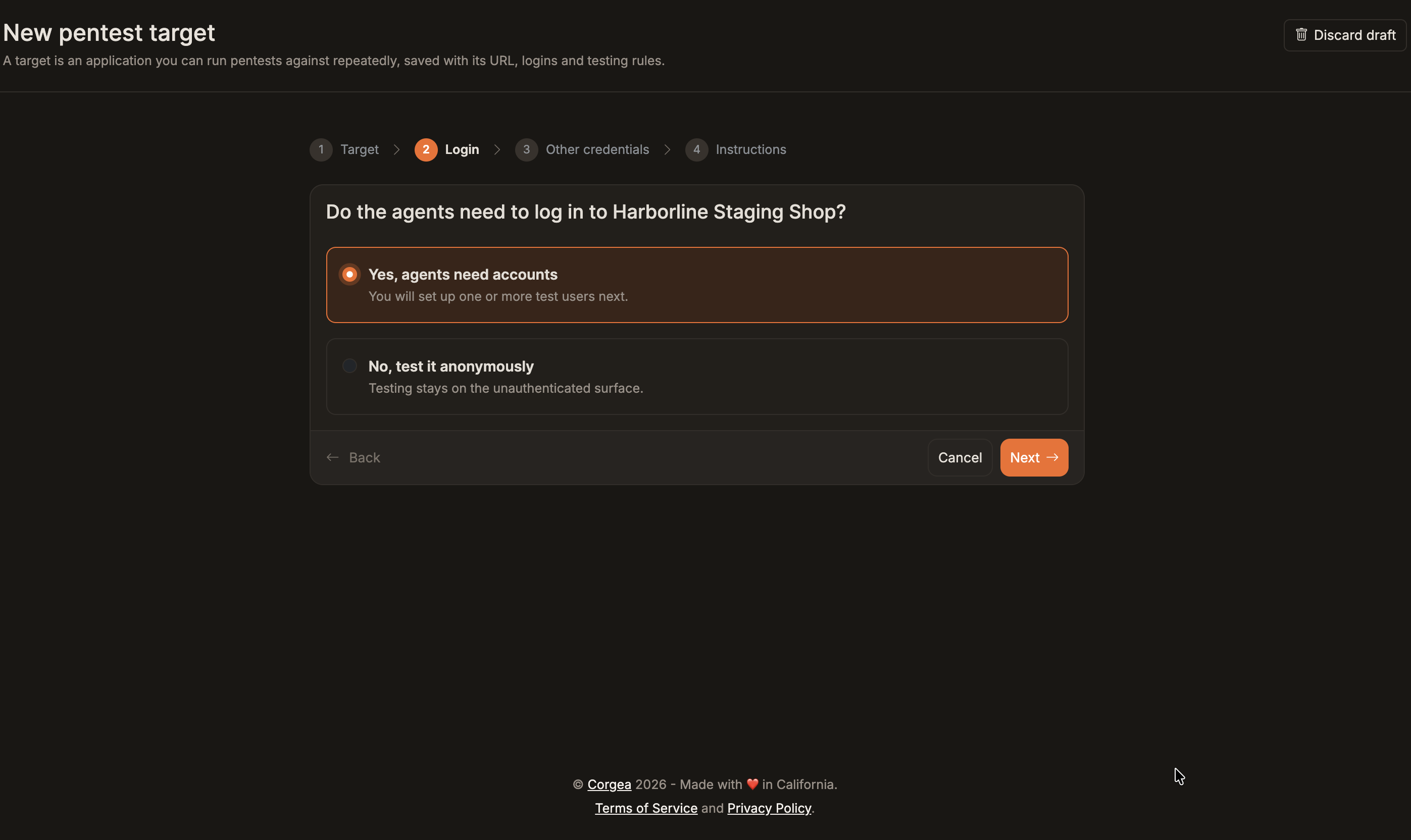Pentest wizard login step with authenticated testing or anonymous testing