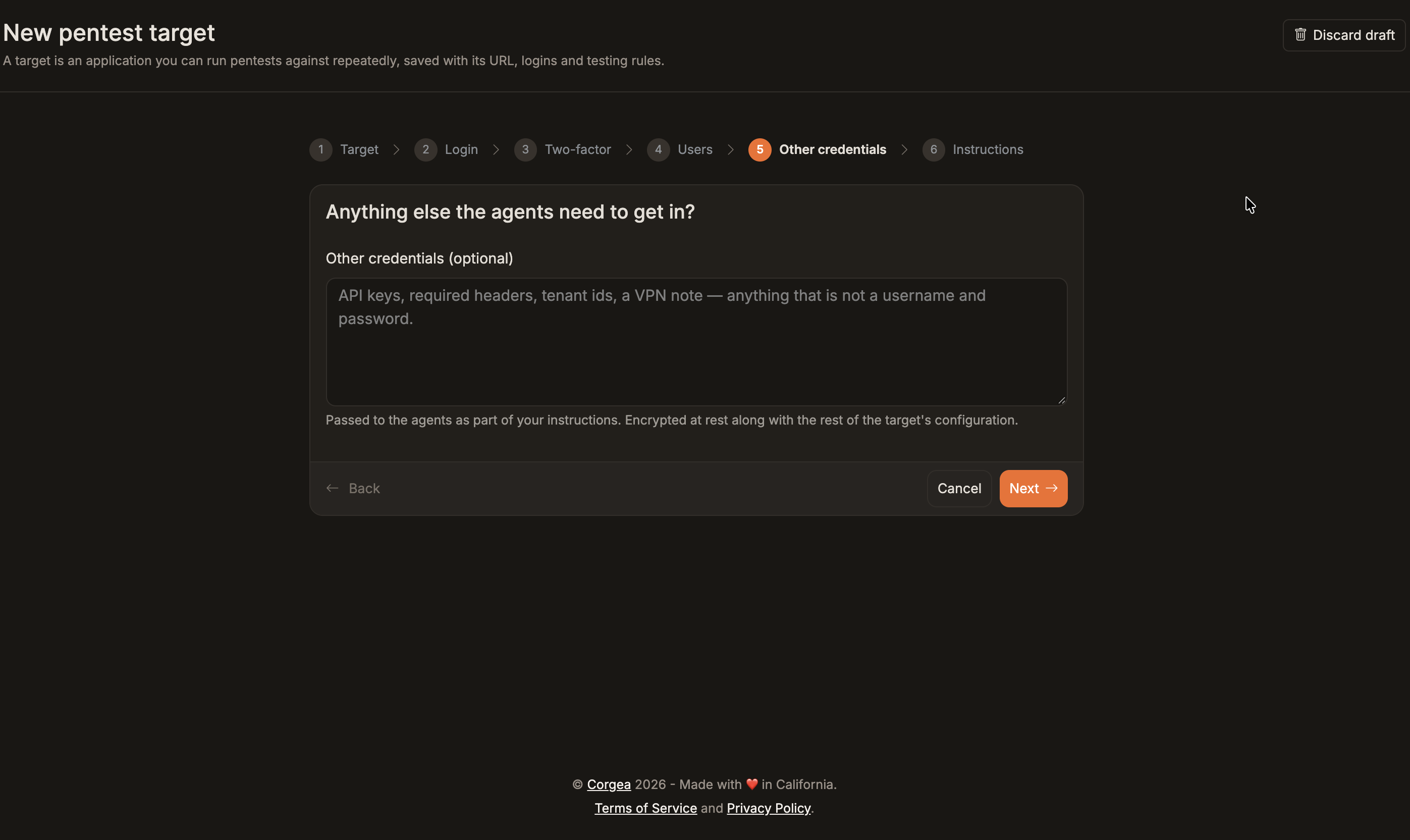 Pentest wizard other credentials step for API keys, headers, or tenant IDs