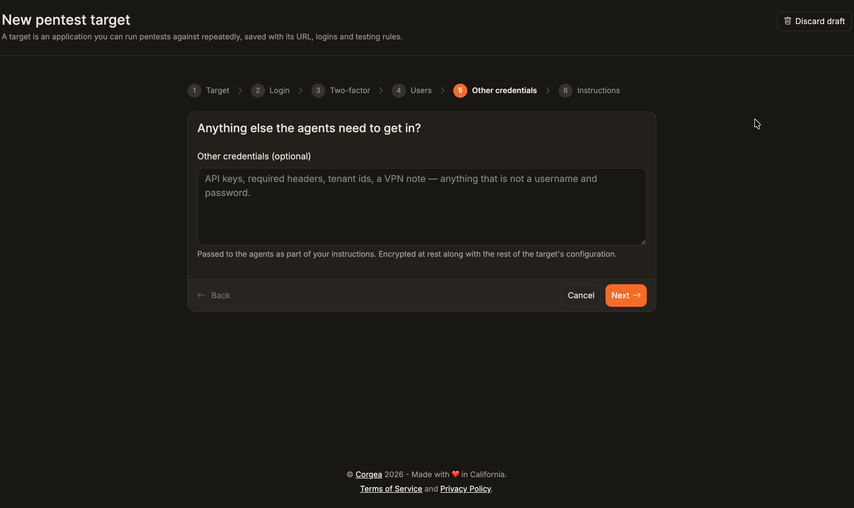 Pentest wizard other credentials step for API keys, headers, or tenant IDs