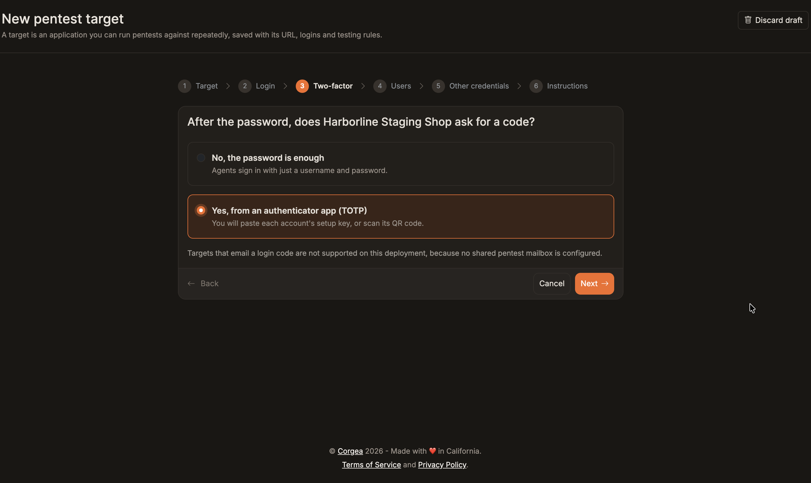 Pentest wizard two-factor step with authenticator app TOTP selected