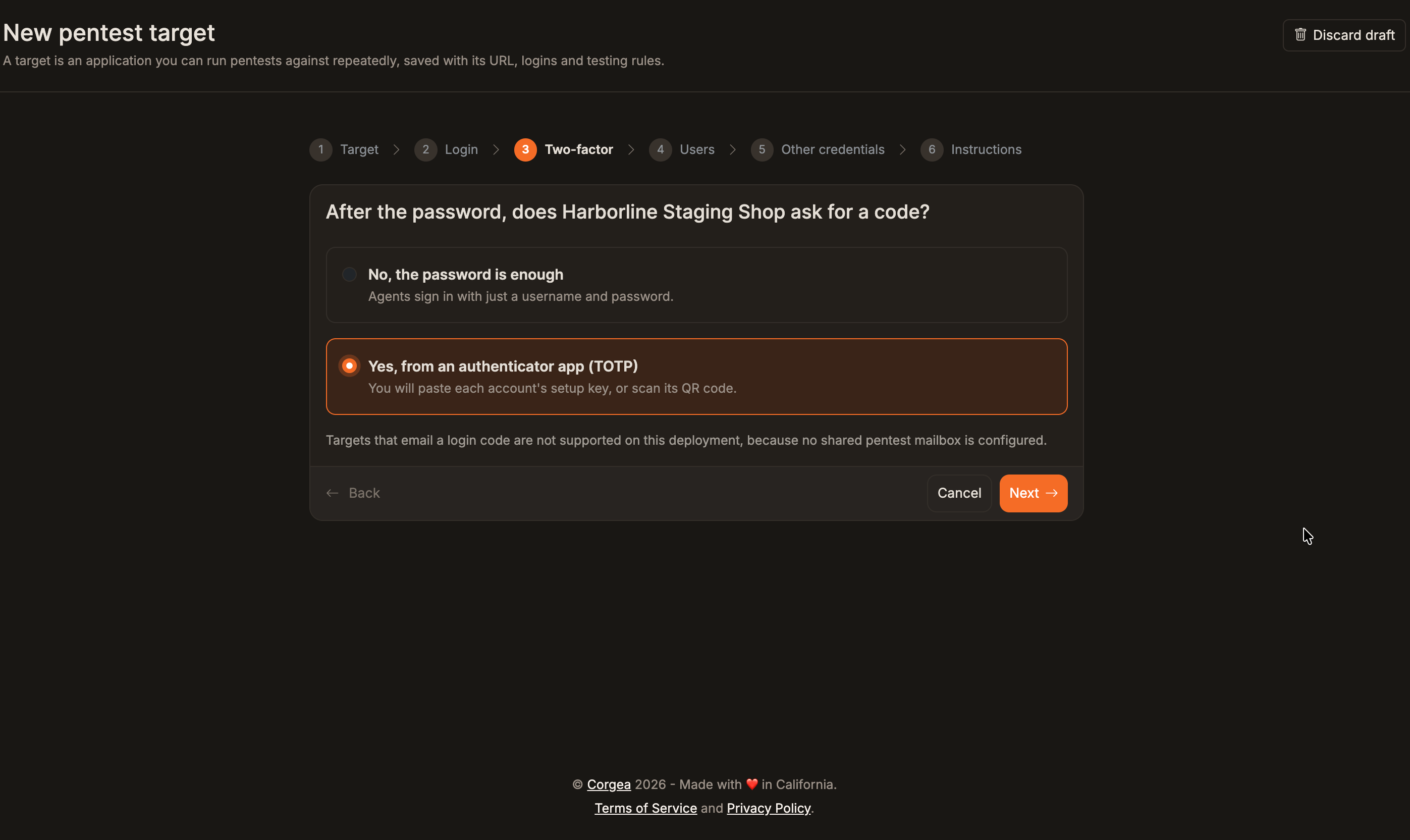 Pentest wizard two-factor step with authenticator app TOTP selected