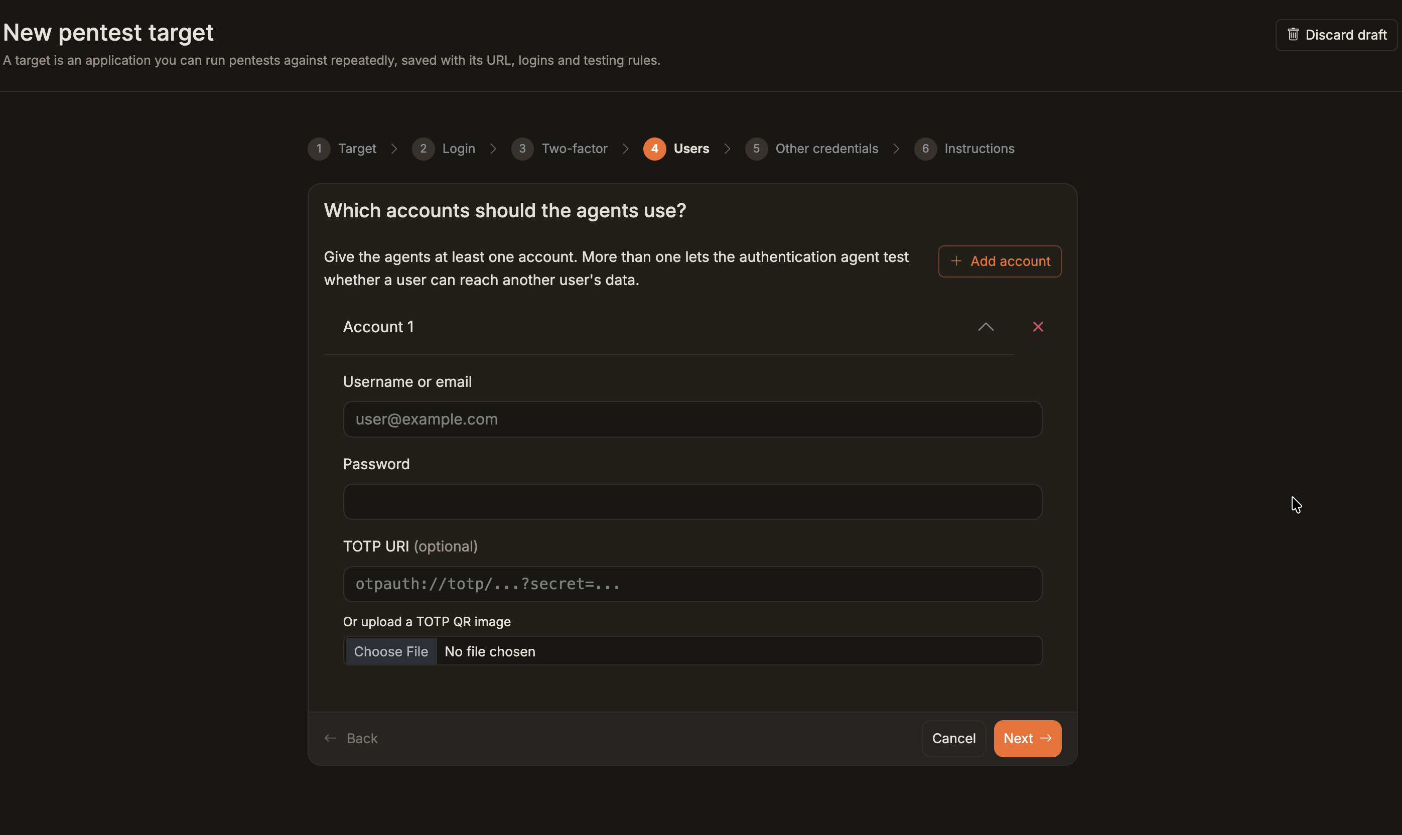 Pentest wizard test user form with username, password, TOTP URI, and QR upload