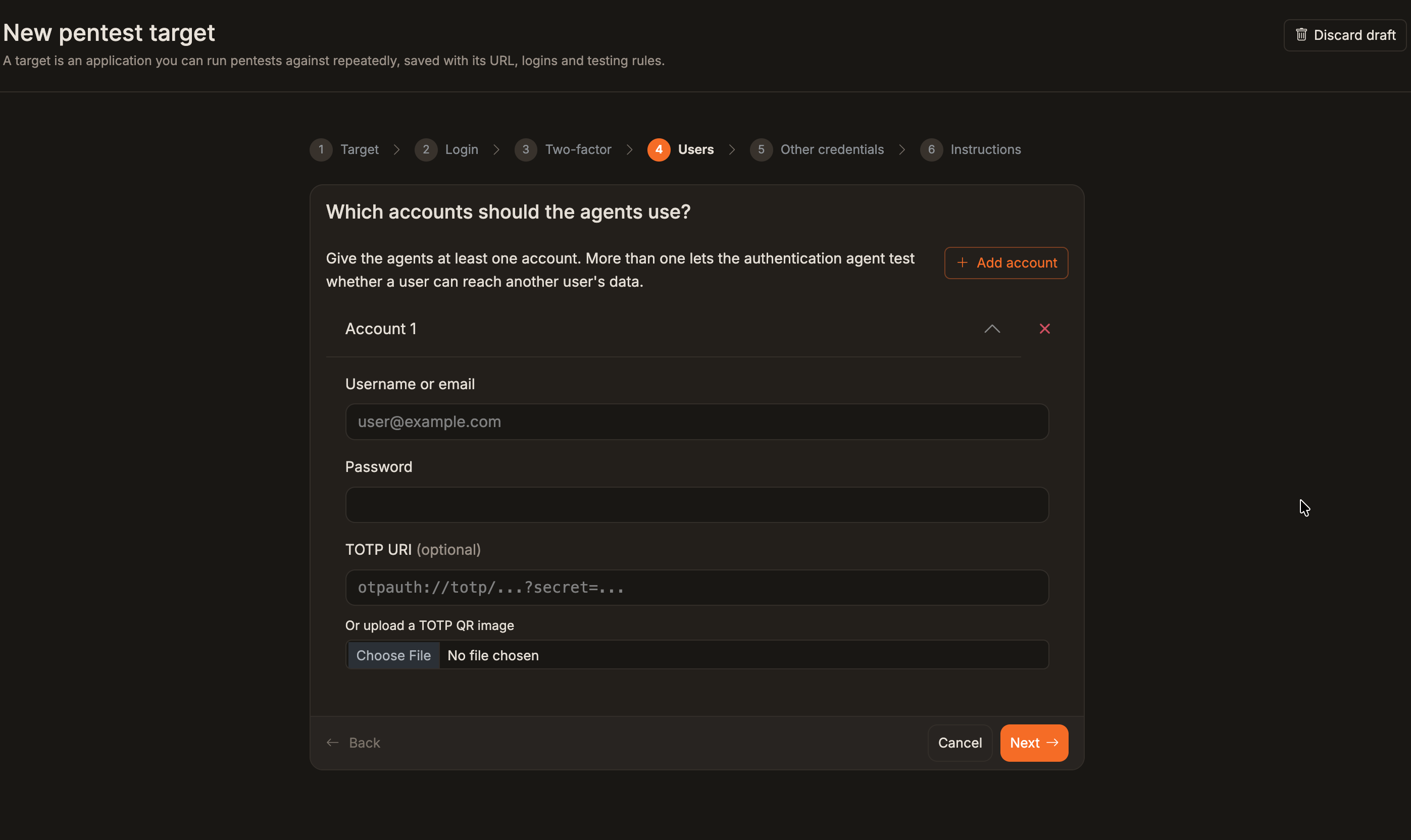 Pentest wizard test user form with username, password, TOTP URI, and QR upload