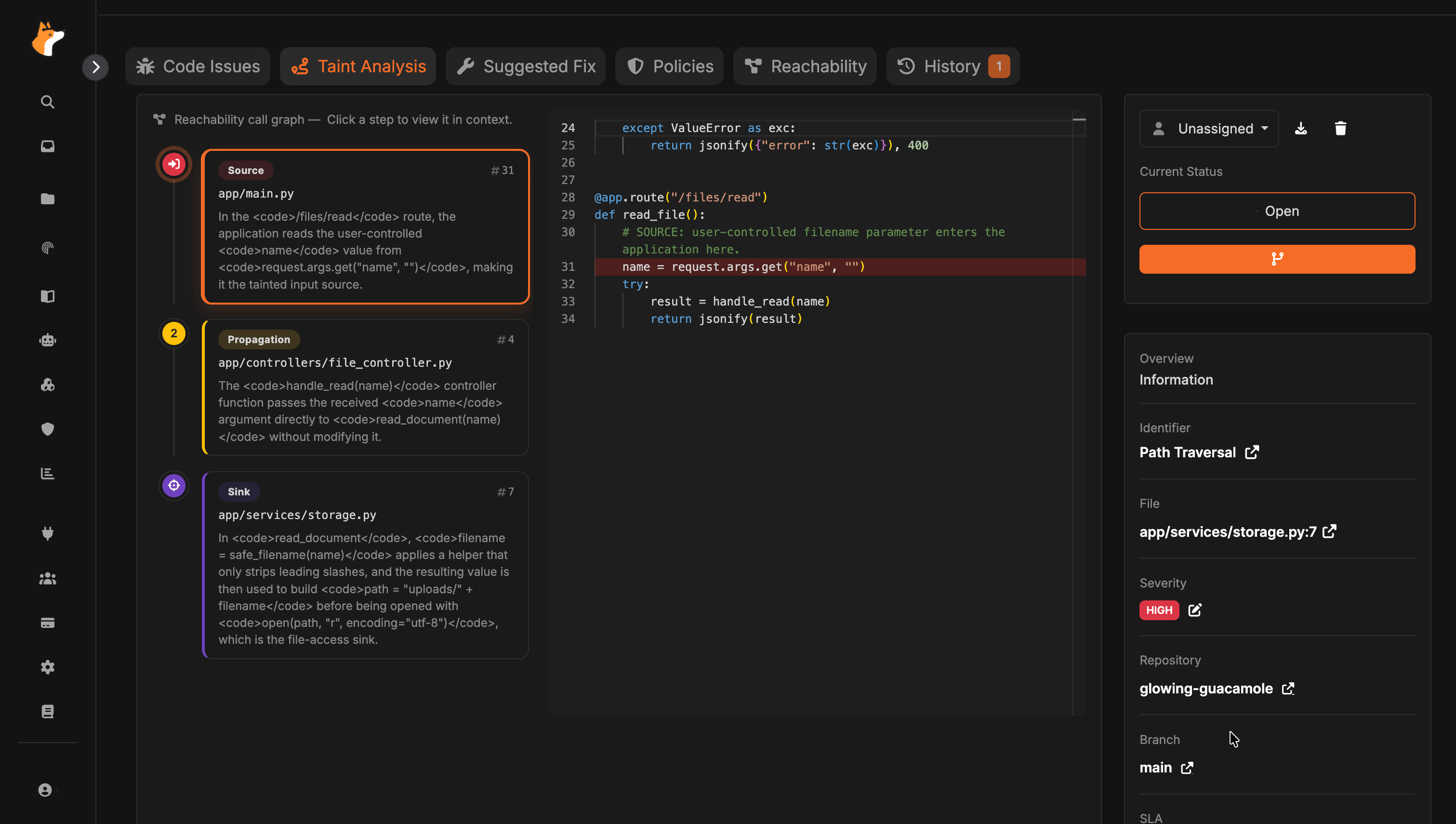 Taint Analysis tab in issue Full View showing source, propagation, and sink steps beside an inline code viewer