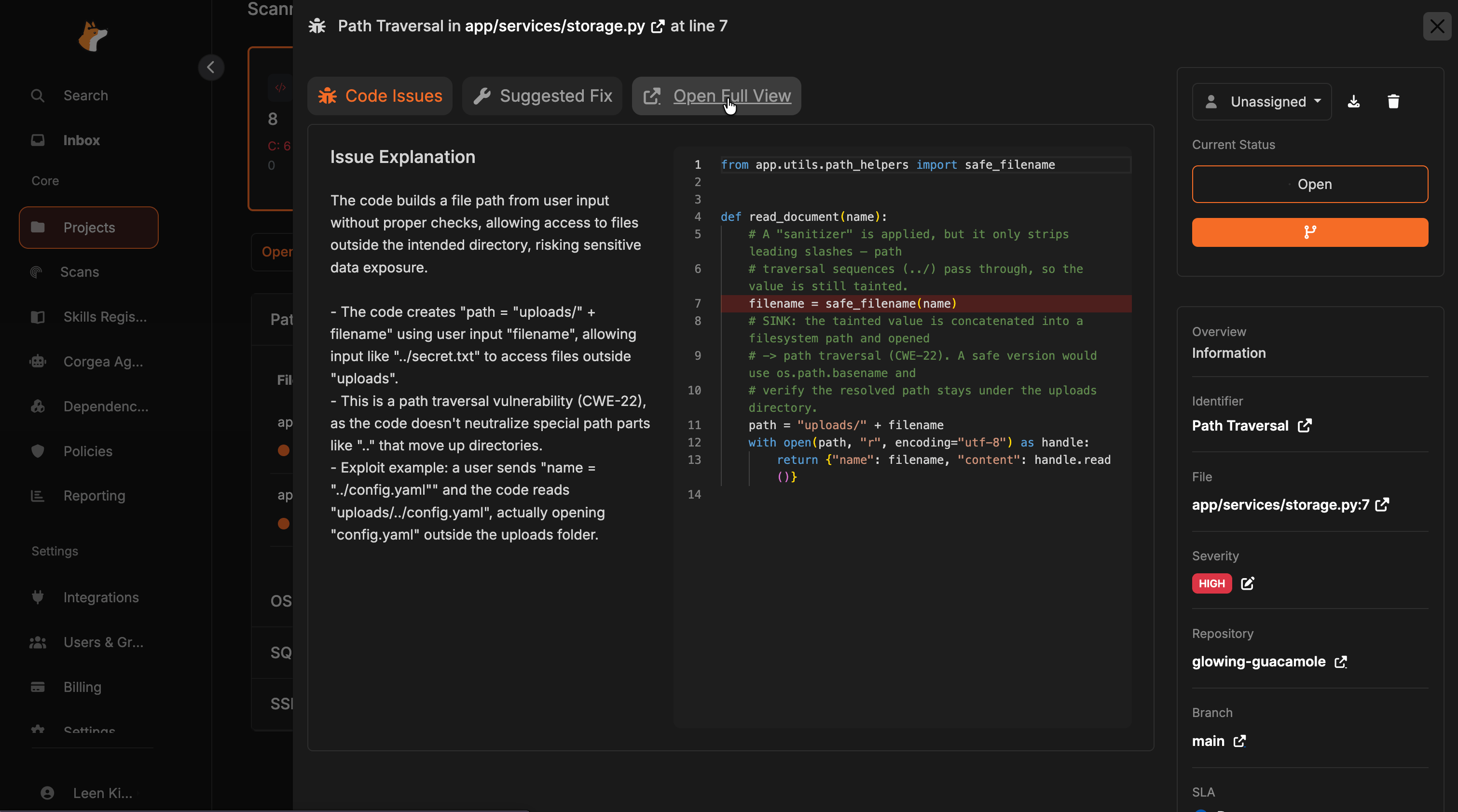 Issue quick view sidebar with the Open Full View button highlighted
