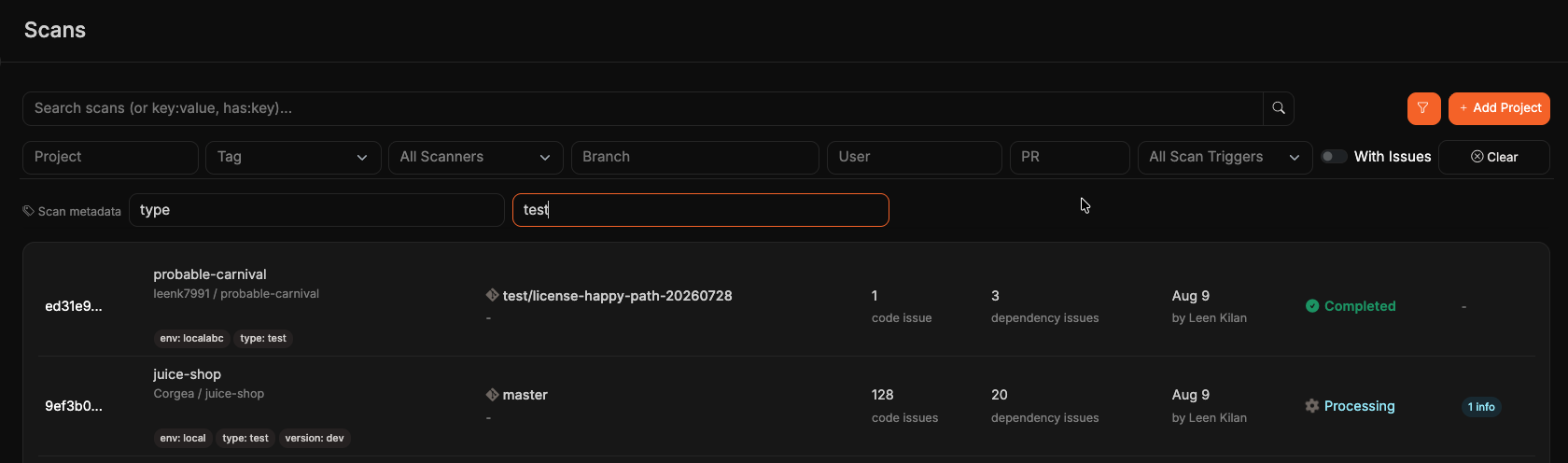 Scans page filter panel with Scan metadata key and value fields