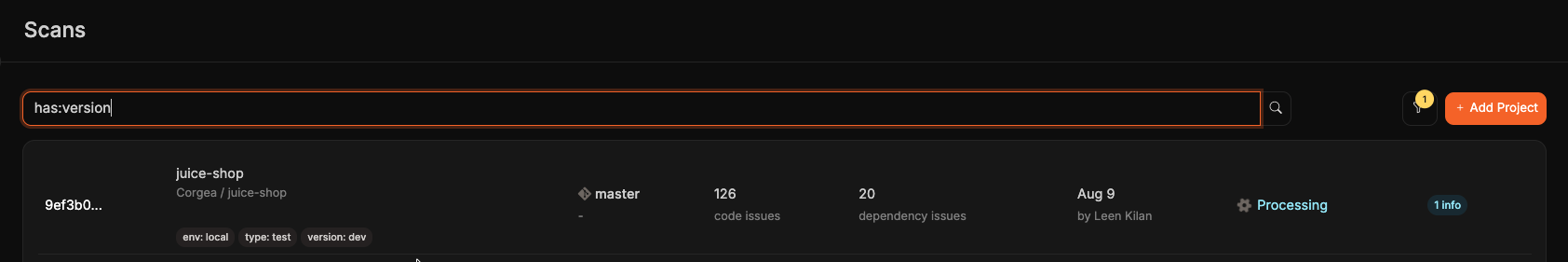 Scans search filtered with has:version