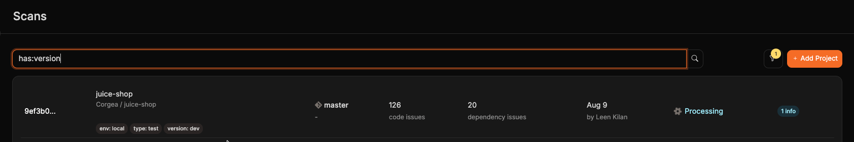 Scans search filtered with has:version
