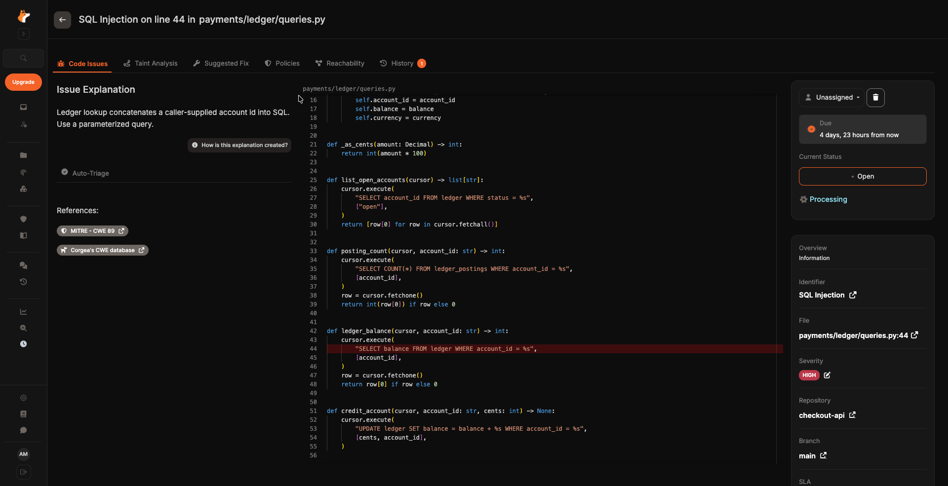 Die Detailseite eines Befunds mit Erklärung, Code und Übersichtsinformationen