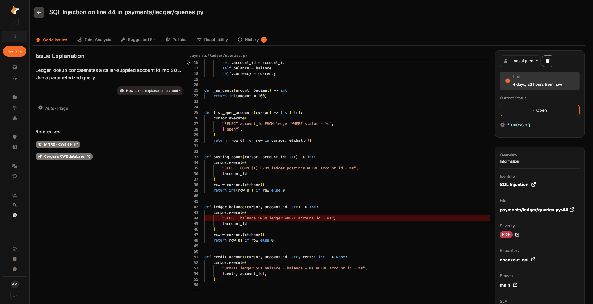 The finding details page showing the explanation, code, and Overview information