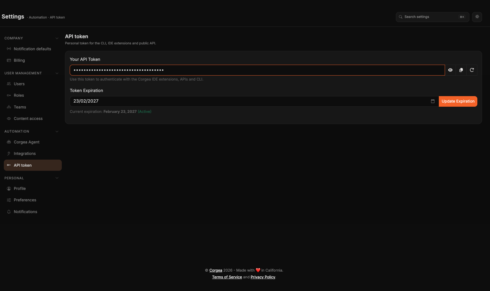 La page API token avec le jeton masqué, les boutons afficher, copier et faire tourner, et la date d’expiration