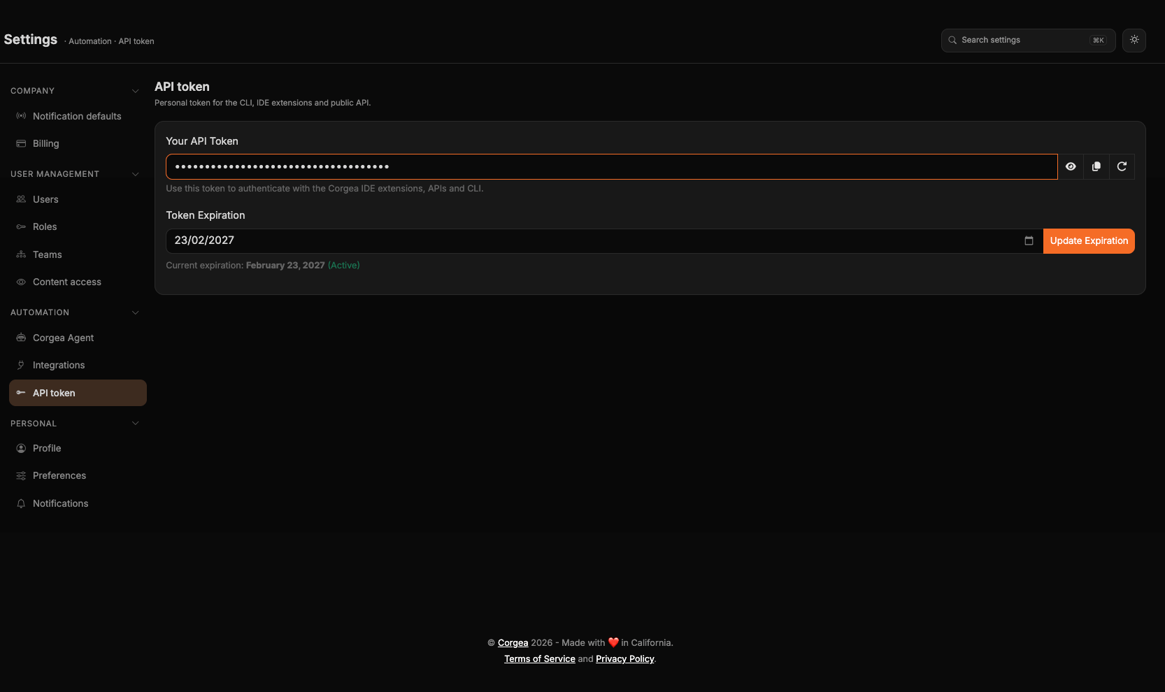 La page API token avec le jeton masqué, les boutons afficher, copier et faire tourner, et la date d’expiration
