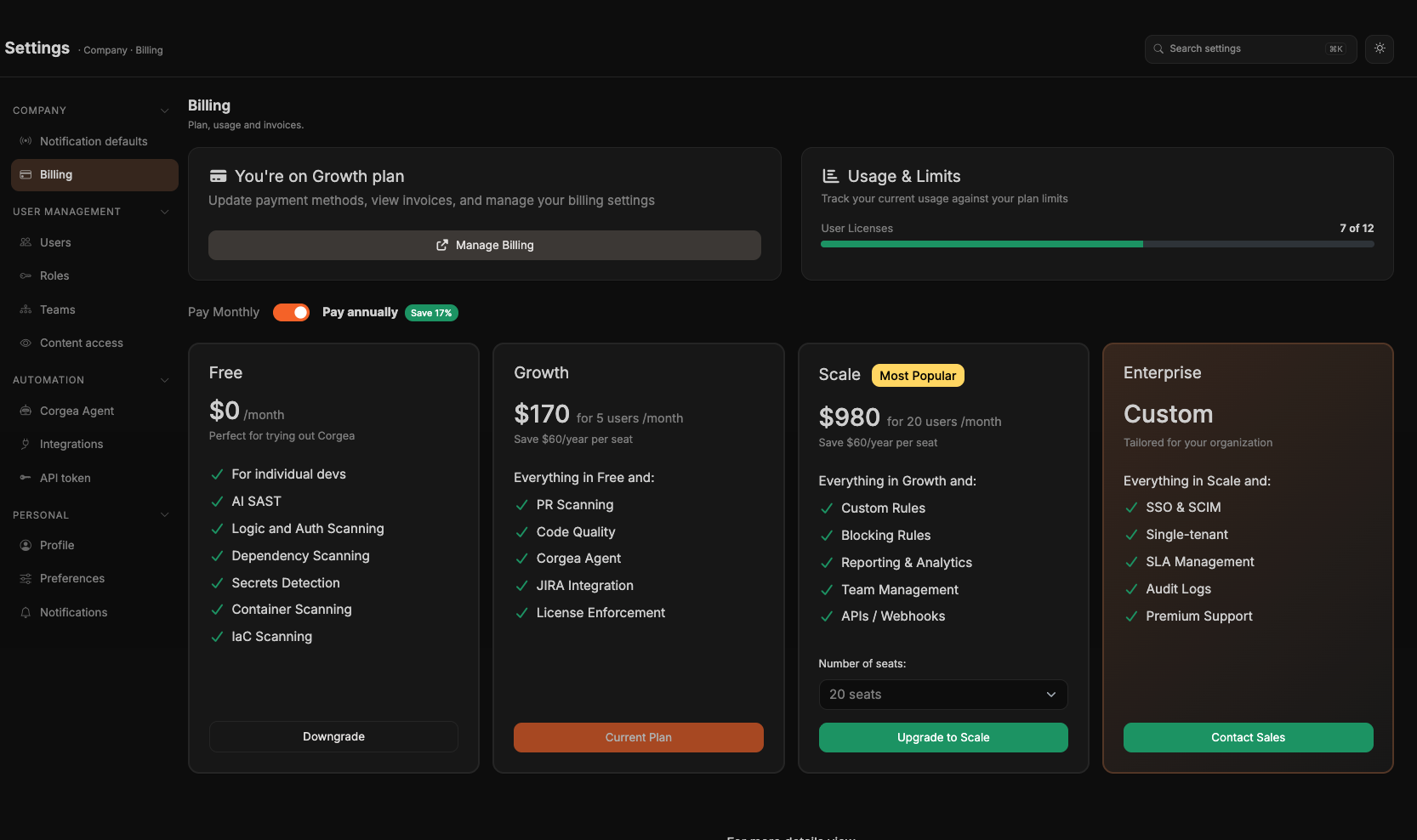 La page Billing avec l’offre actuelle, l’utilisation des licences et la comparaison des offres