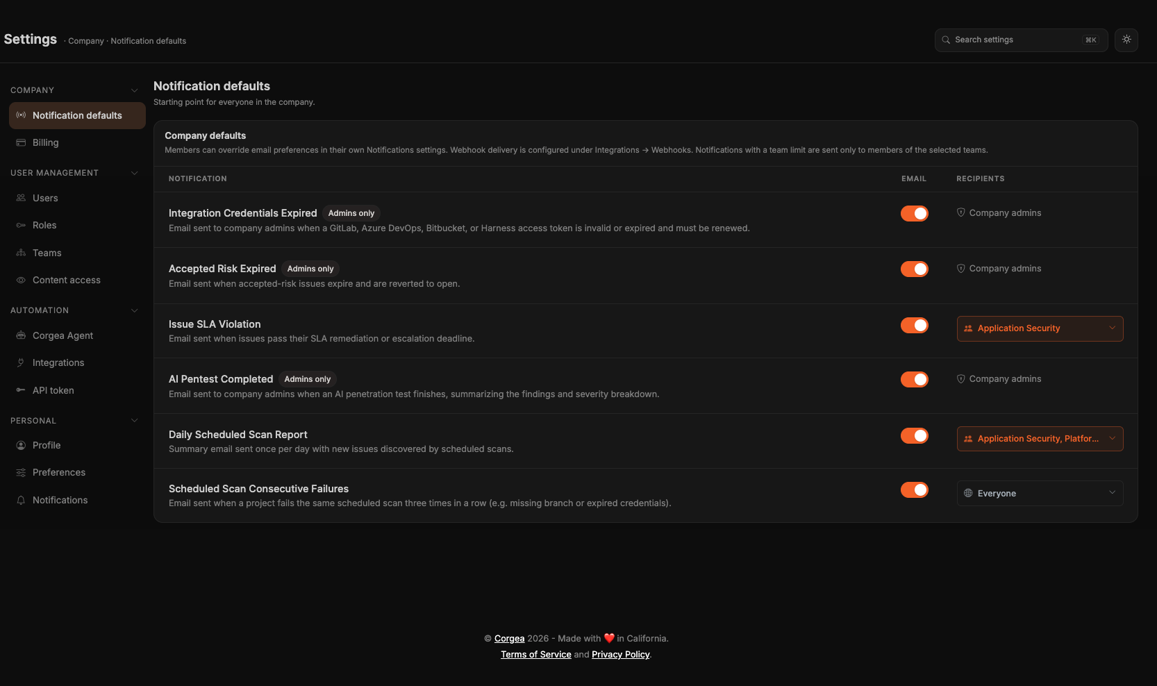 Company Notification defaults with email toggles and a Recipients column