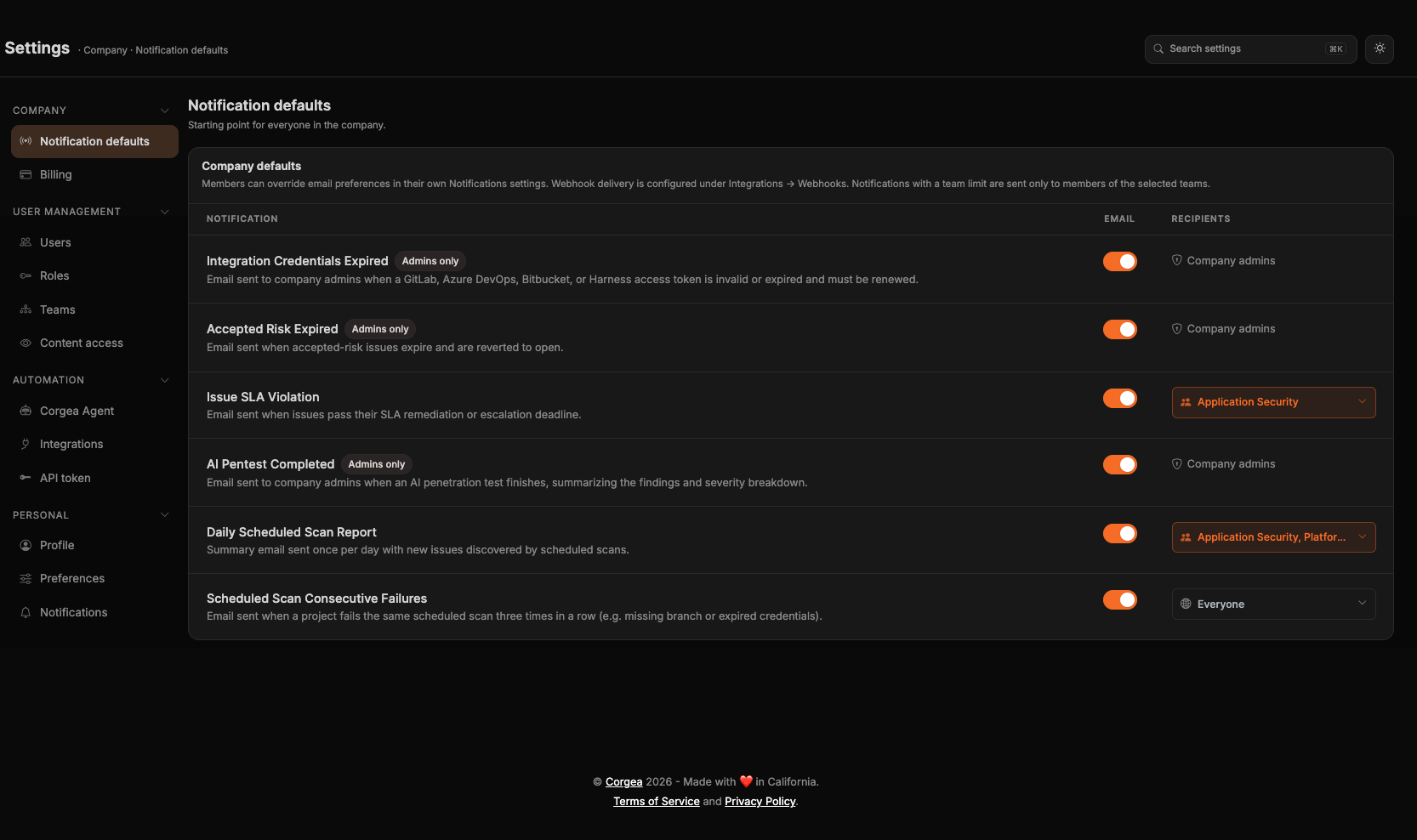 Company Notification defaults with email toggles and a Recipients column