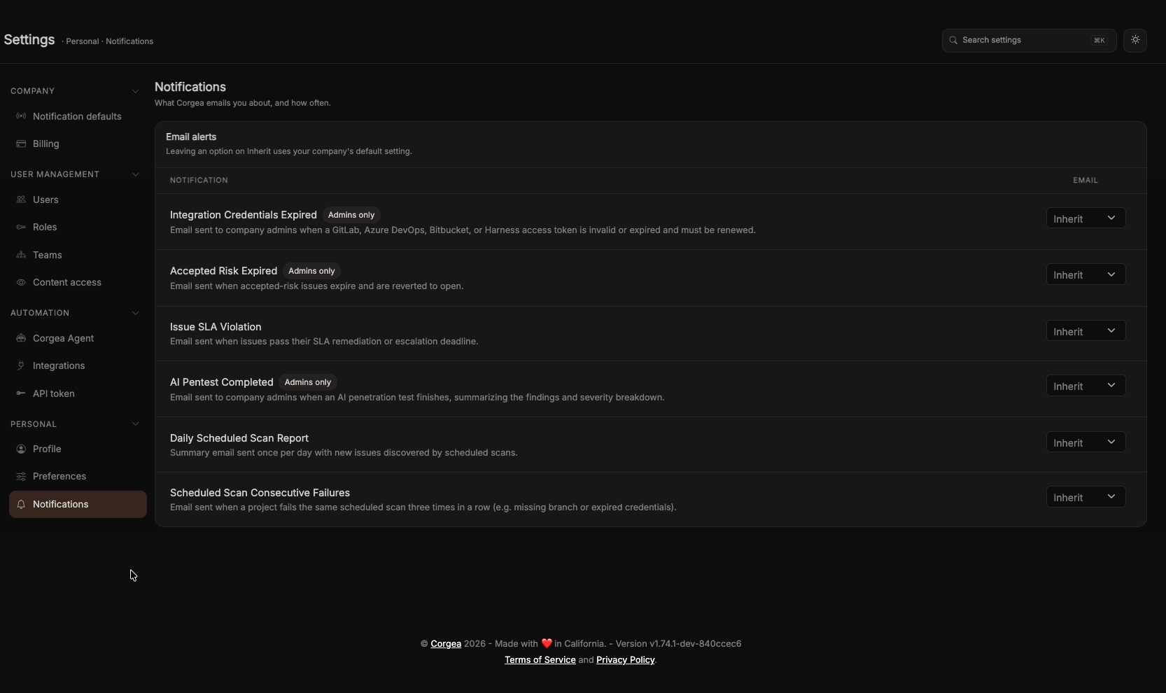Personal notification settings with each notification set to Inherit