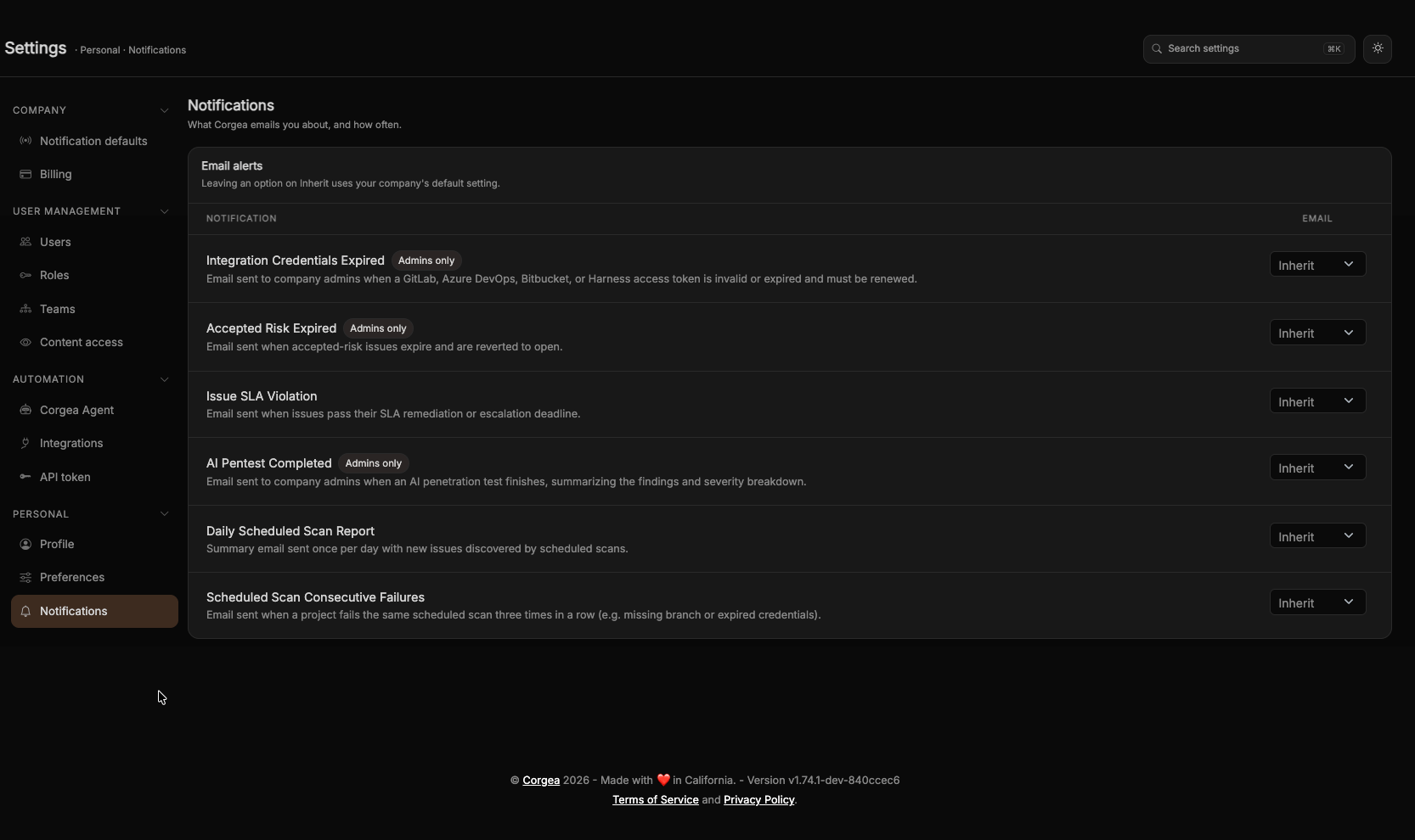 Personal notification settings with each notification set to Inherit