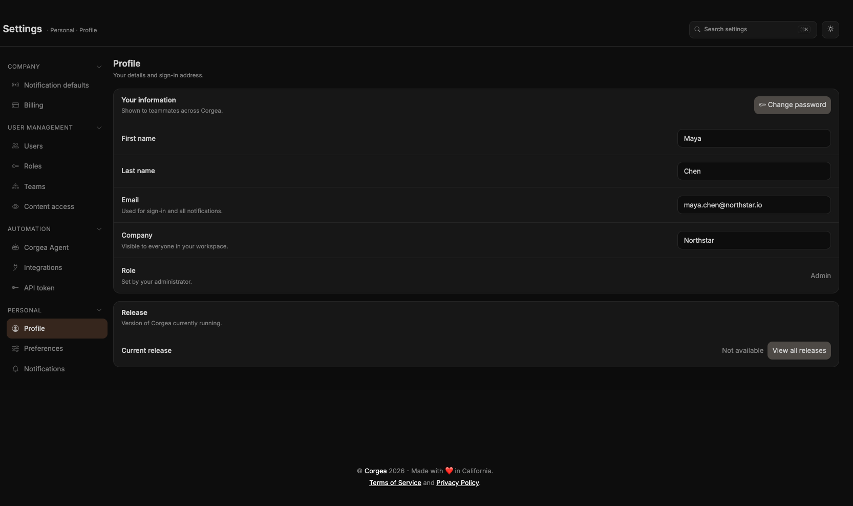 La page Profile avec vos informations, le nom d’entreprise modifiable et le rôle en lecture seule