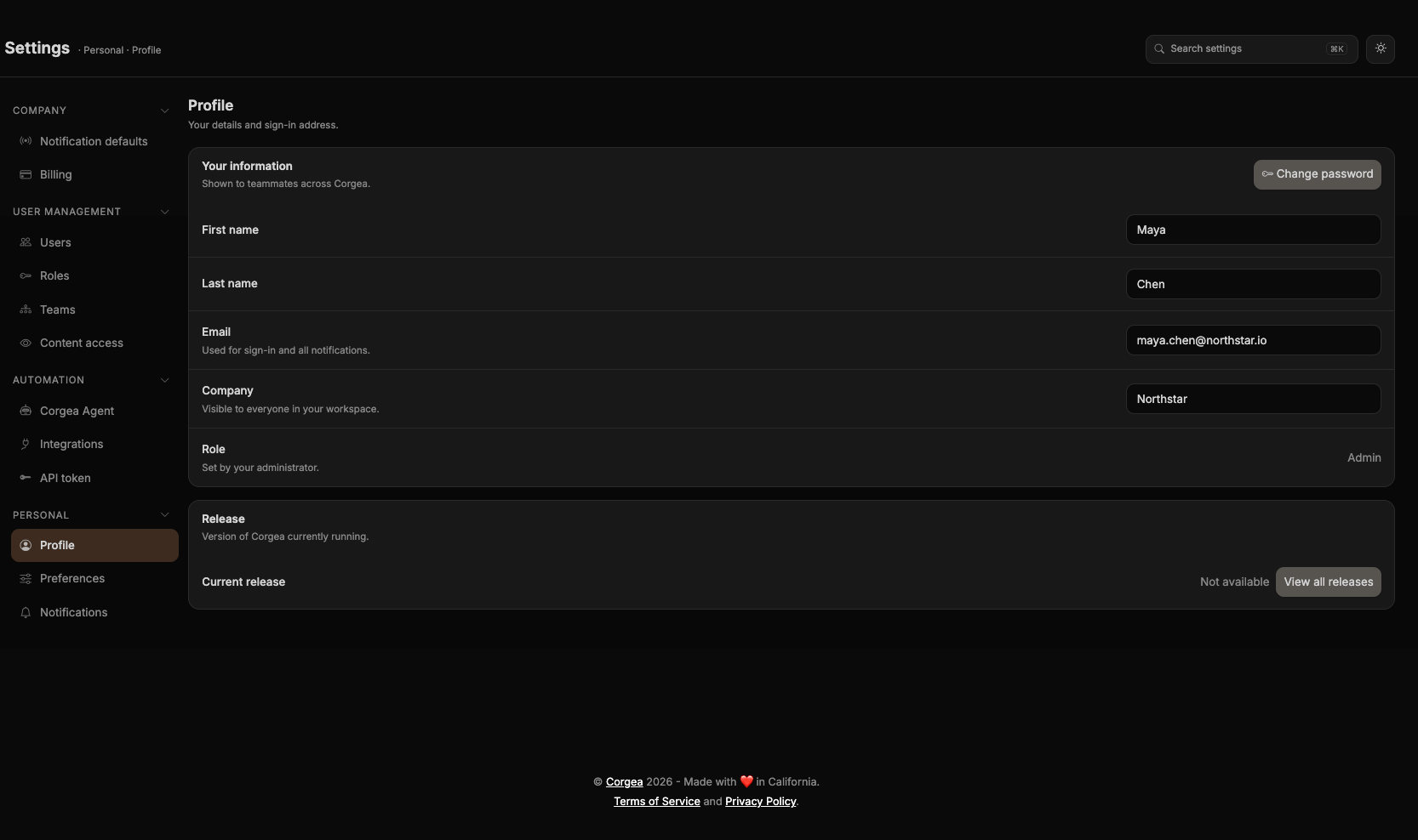 La page Profile avec vos informations, le nom d’entreprise modifiable et le rôle en lecture seule