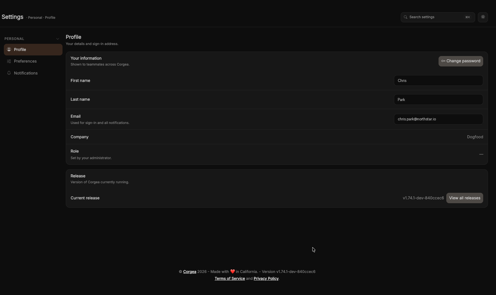 Settings pour un utilisateur sans permission d'administration, avec uniquement la catégorie Personal
