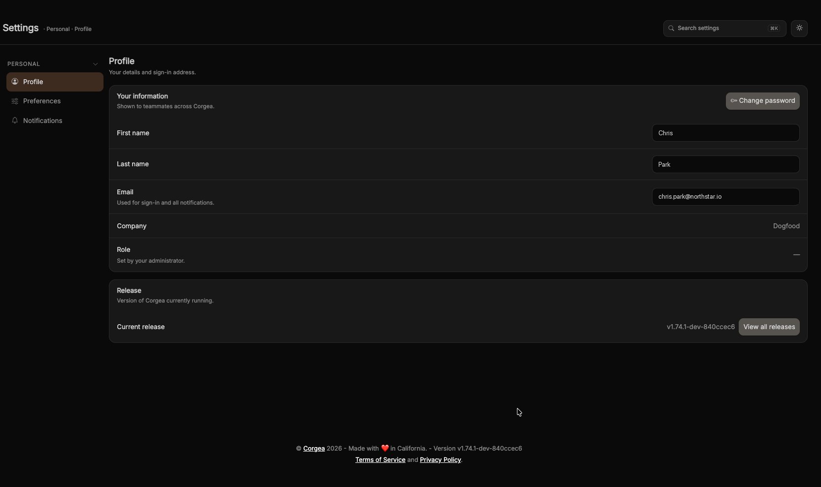 Settings pour un utilisateur sans permission d'administration, avec uniquement la catégorie Personal