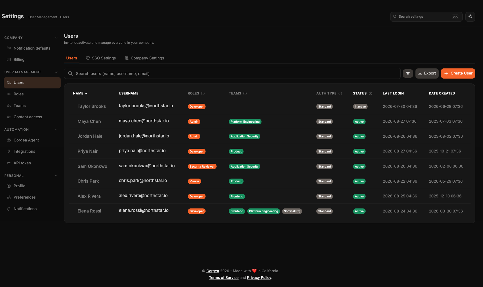 La page Users listant toutes les personnes de l’entreprise avec leurs rôles et équipes