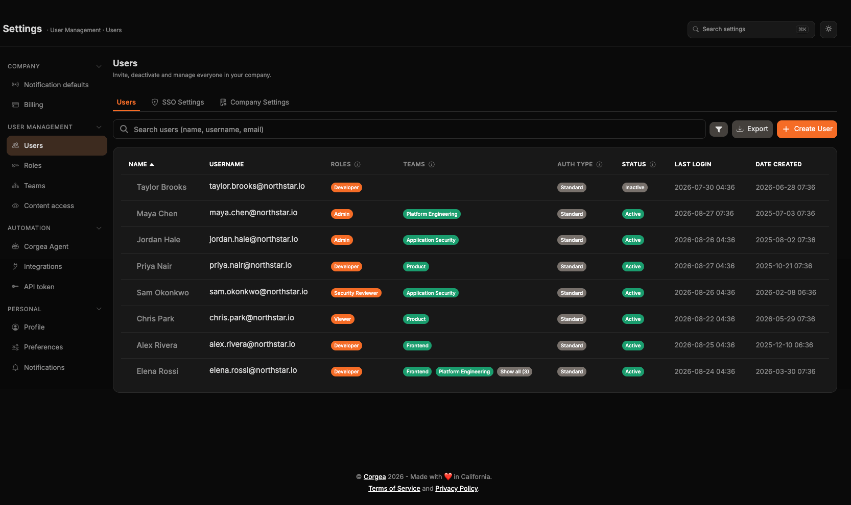 La page Users listant toutes les personnes de l’entreprise avec leurs rôles et équipes