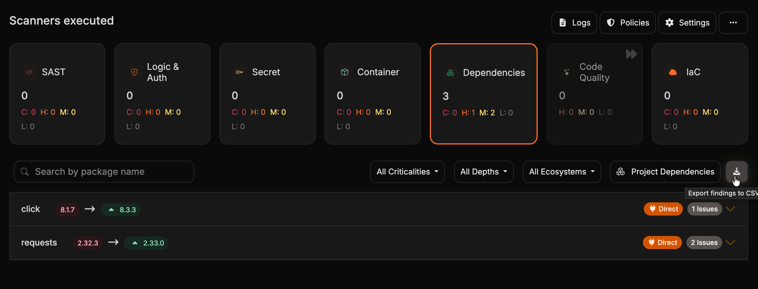 Exportar los hallazgos a CSV en la pestaña de Dependencias