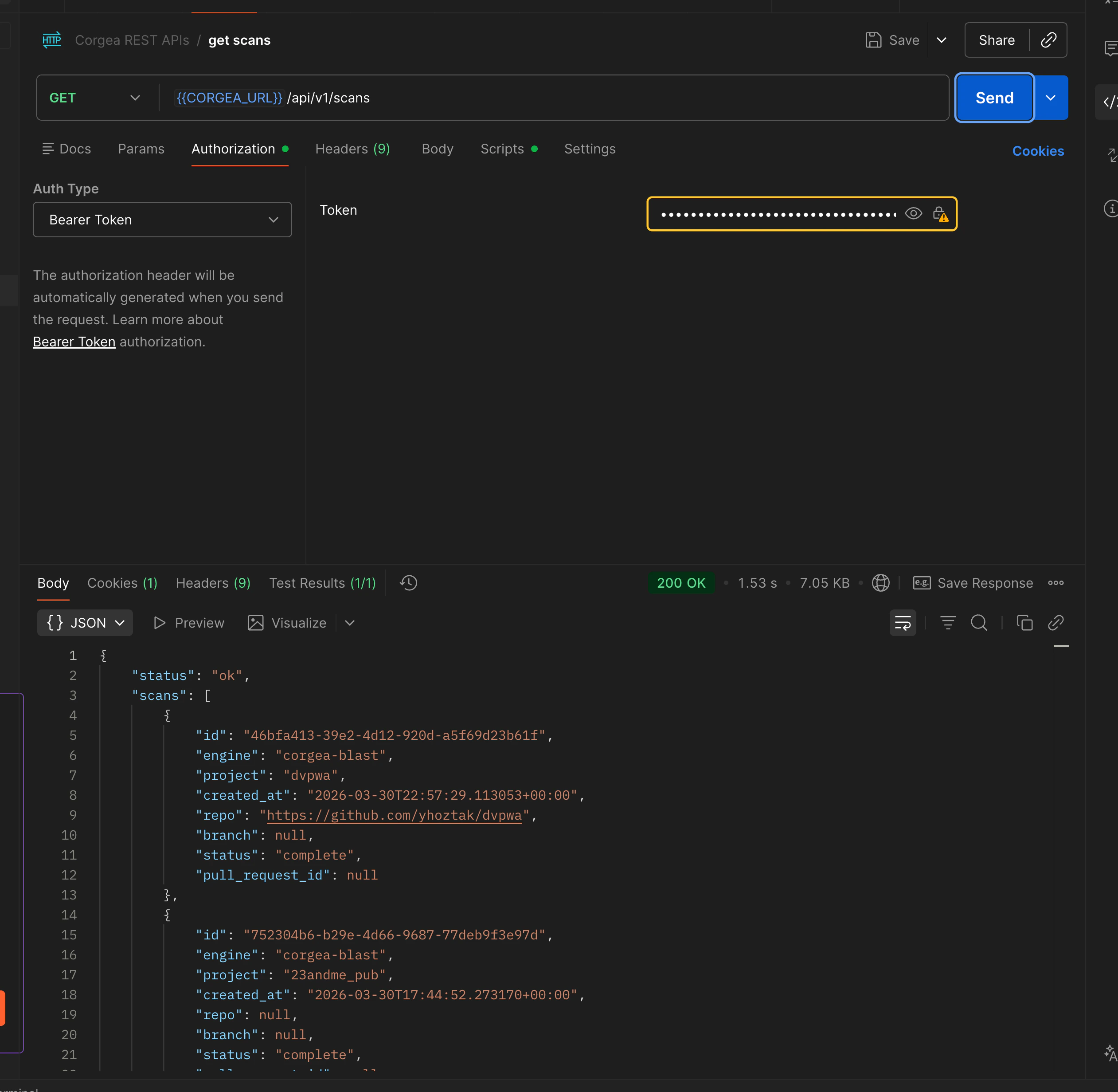 Calling the Corgea API with a Bearer token in Postman