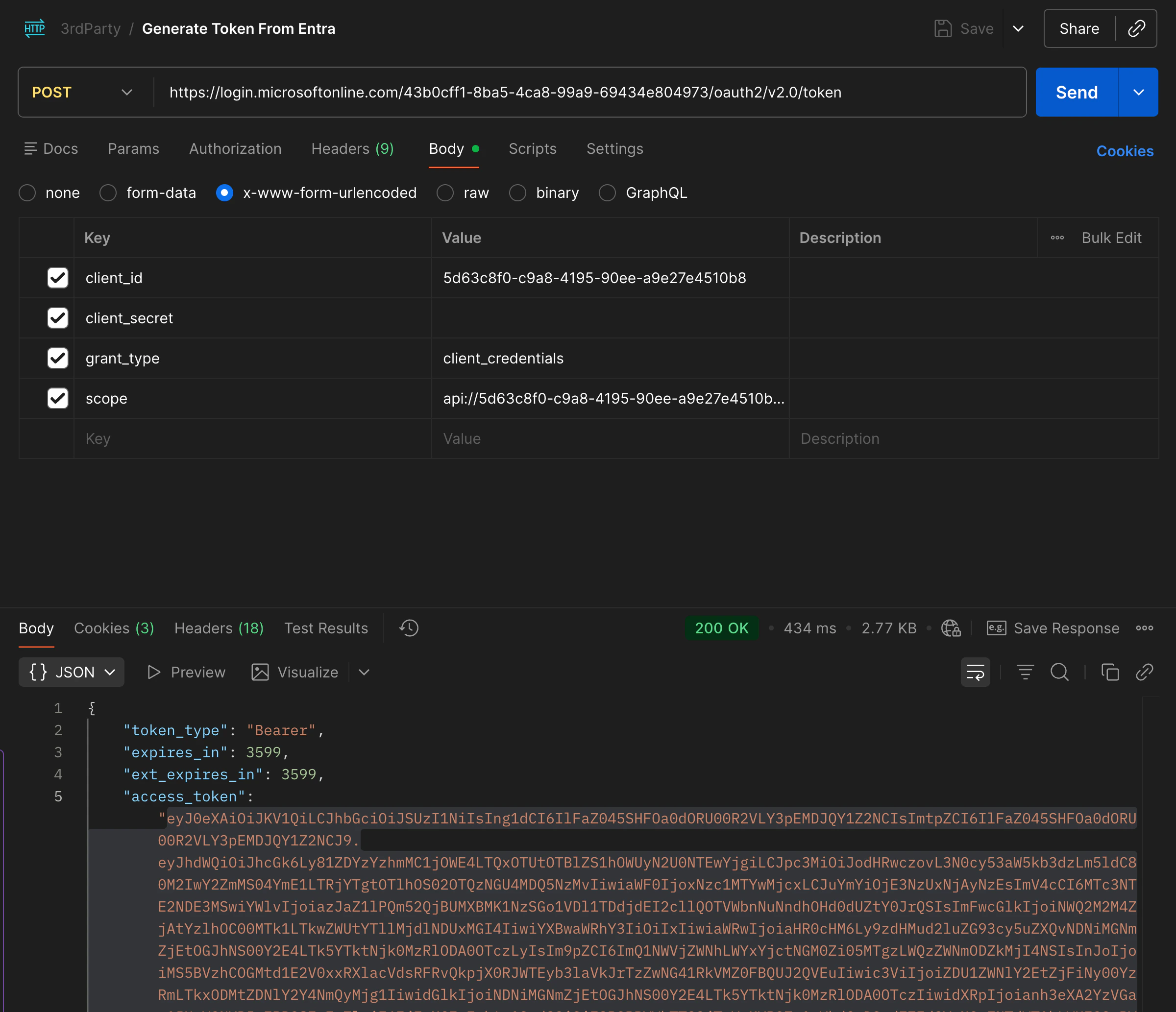 Requesting an access token in Postman using client credentials