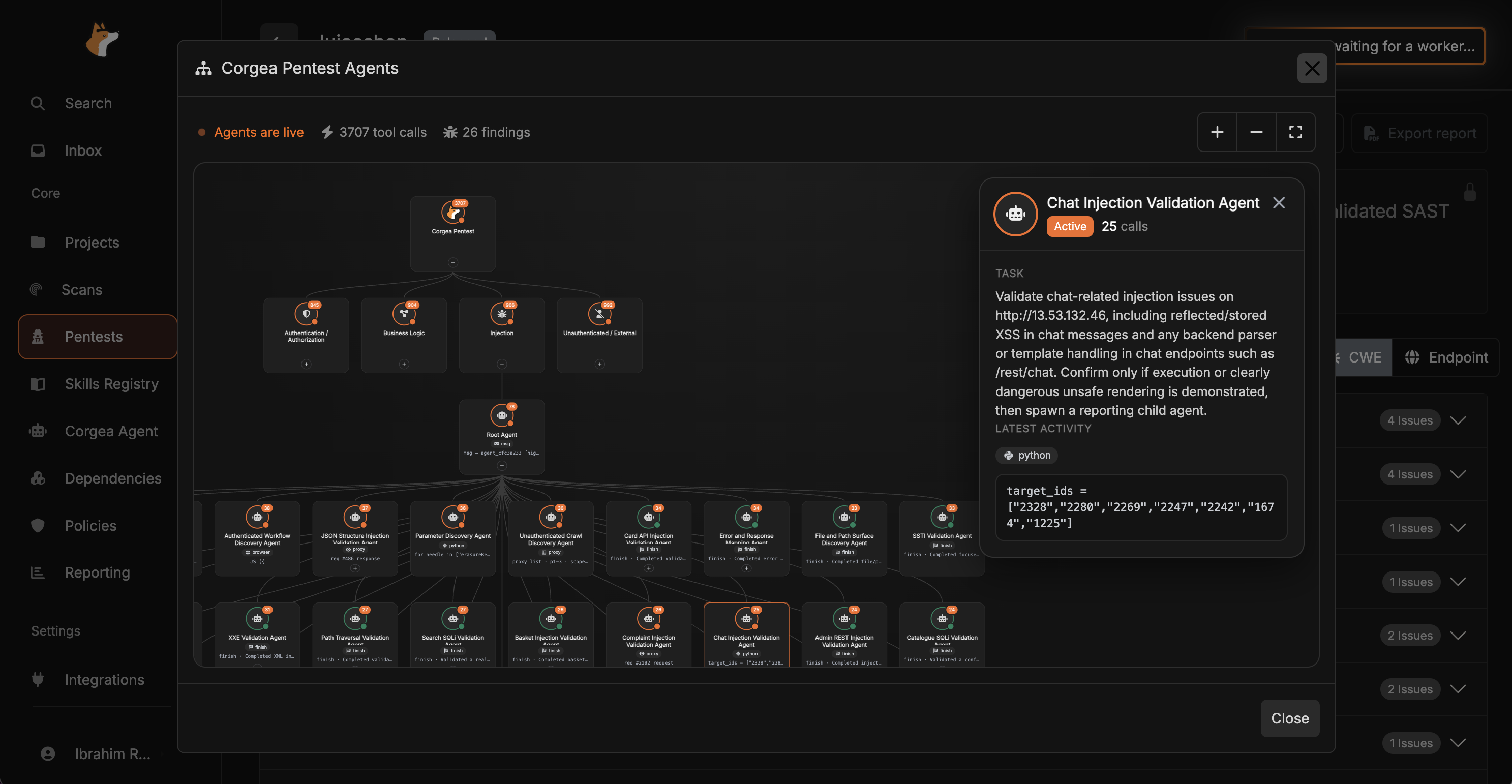 The Corgea Pentest Agents view showing a tree of agents working in parallel, with running totals for tool calls and findings, and a side panel describing the selected agent's current task and latest activity