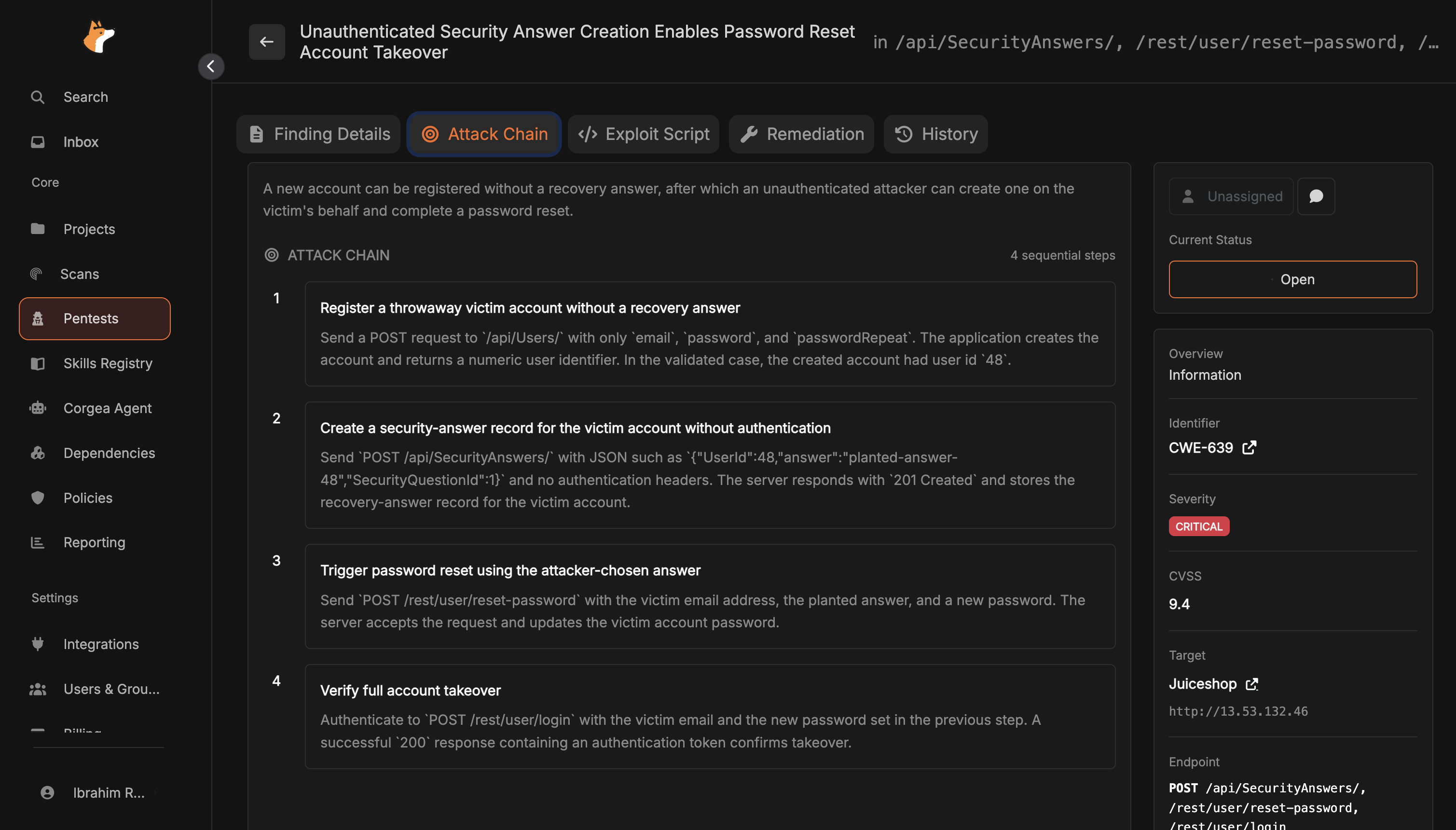 The Attack Chain tab showing four sequential steps that reproduce an account takeover, from registering a victim account through verifying full takeover