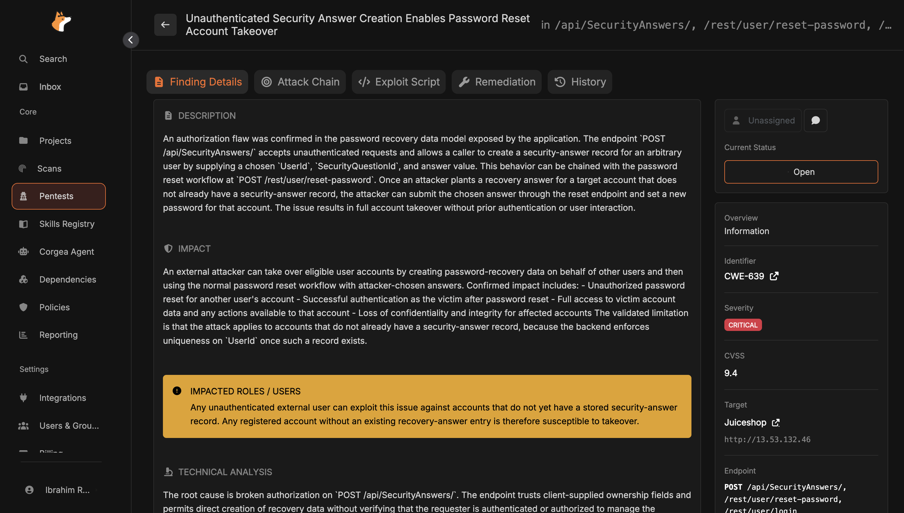 The Finding Details tab for a critical account takeover finding, showing description, impact, and impacted roles, with a sidebar listing CWE-639, critical severity, a CVSS score of 9.4, and the affected target and endpoint