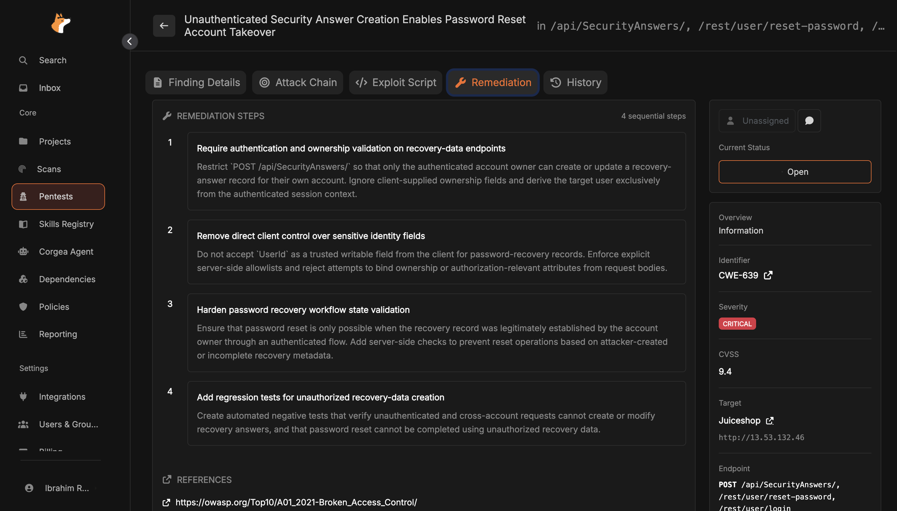 The Remediation tab showing four sequential remediation steps and a references section linking to OWASP guidance