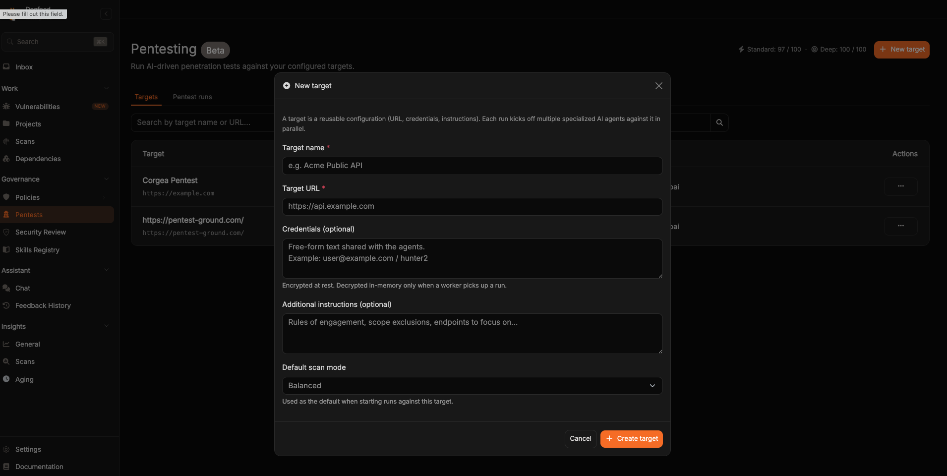 The New target dialog with fields for target name, target URL, optional credentials, optional additional instructions, and a default scan mode selector