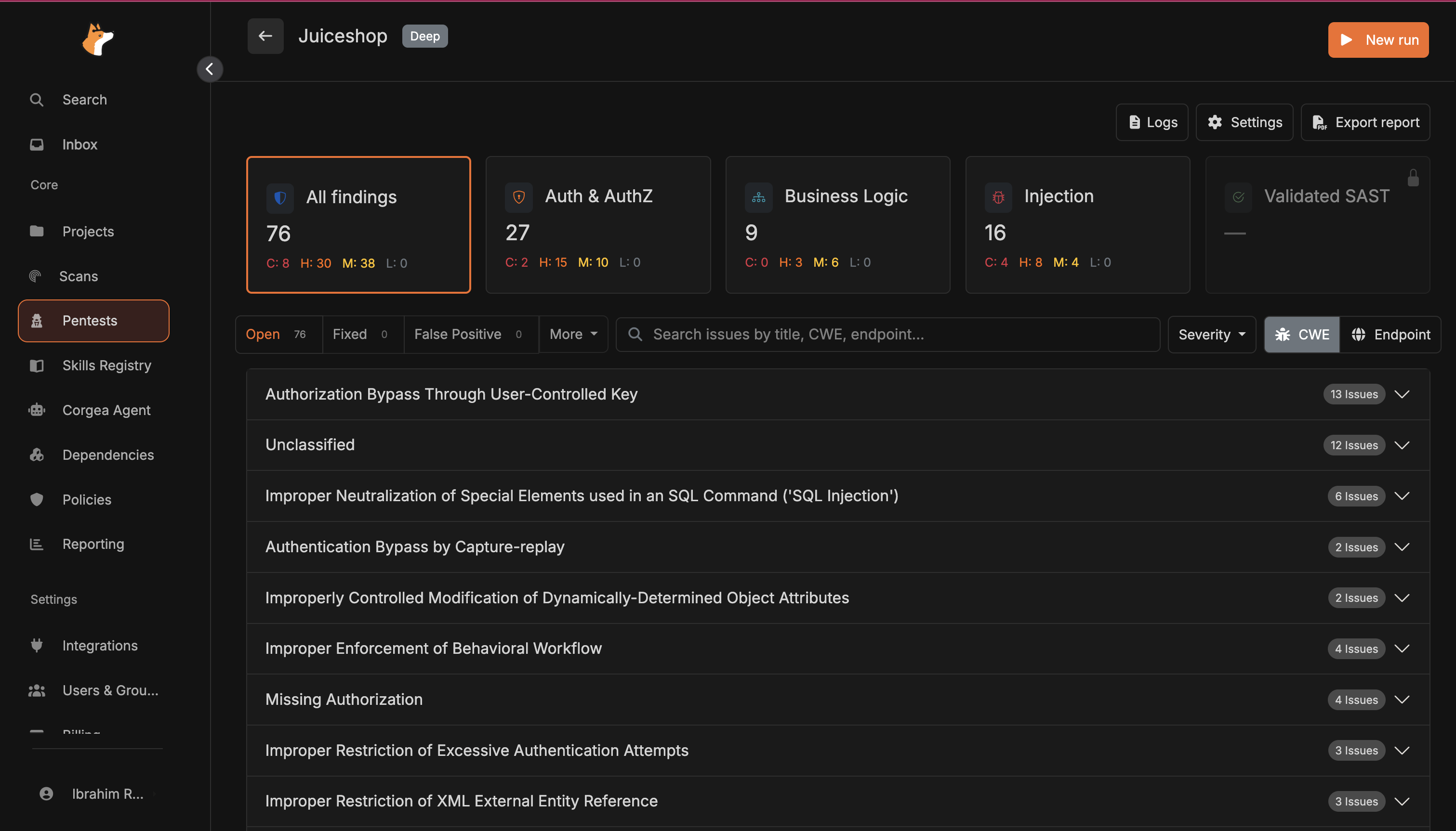 A completed pentest run showing 76 total findings broken down into Auth and AuthZ, Business Logic, and Injection category cards with severity counts, above a findings list grouped by CWE