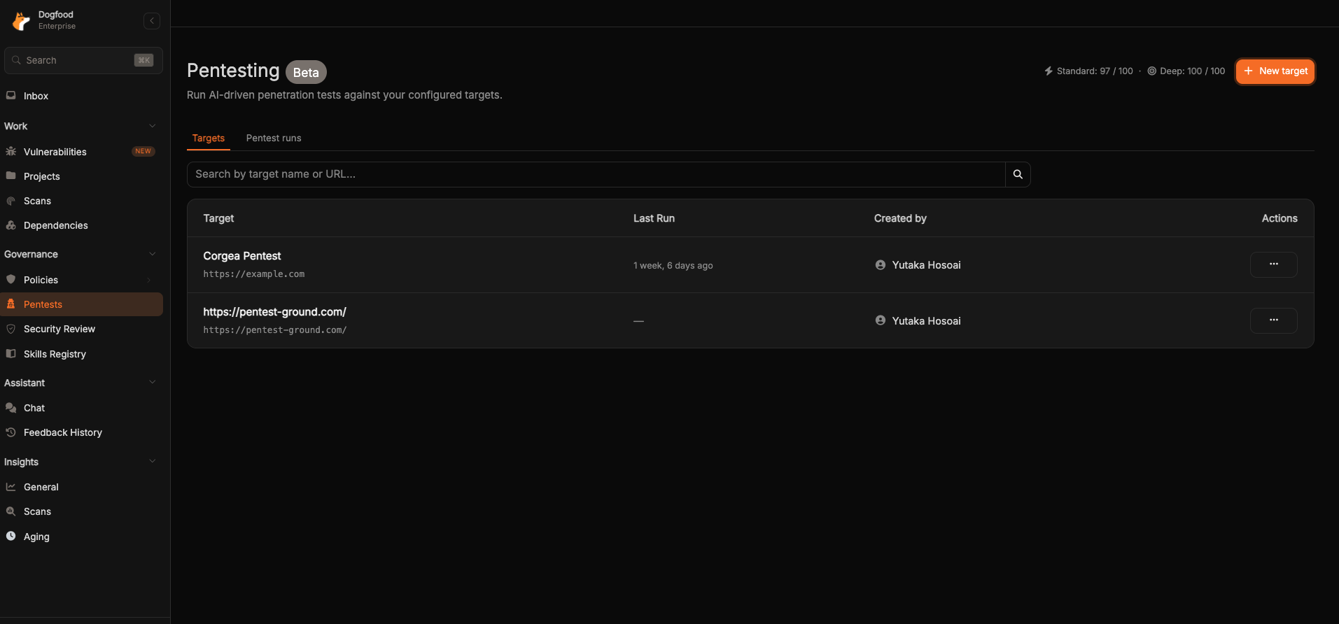 The Pentesting page showing the Targets tab with a list of configured targets, each with its URL, last run time, and creator, plus remaining Standard and Deep quota in the top right