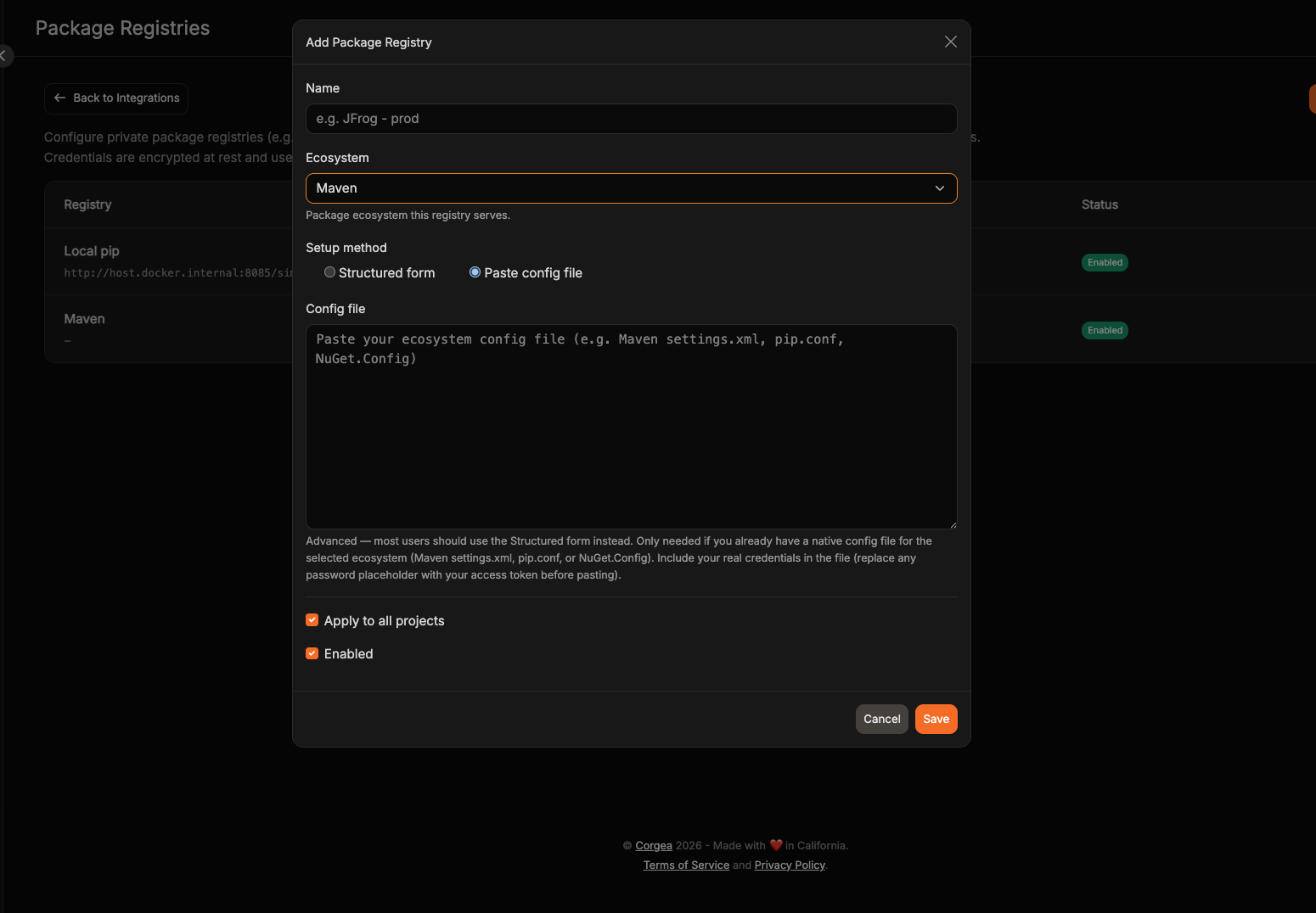 Formulario Add Package Registry en modo Paste config file