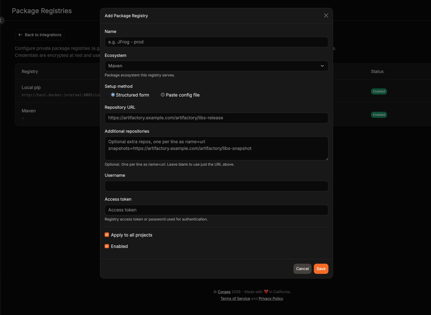 Formulario Add Package Registry en modo Structured form