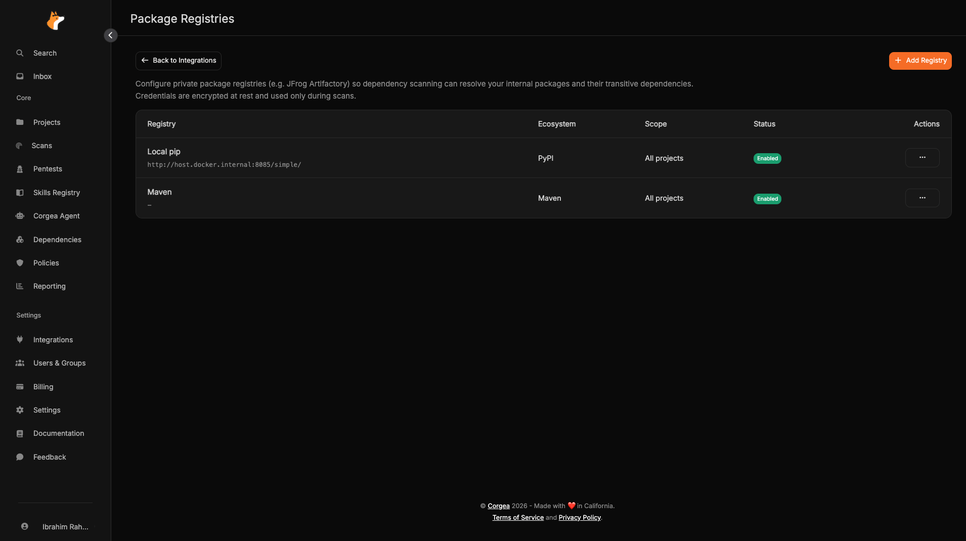 Lista de Package Registries con los registros configurados