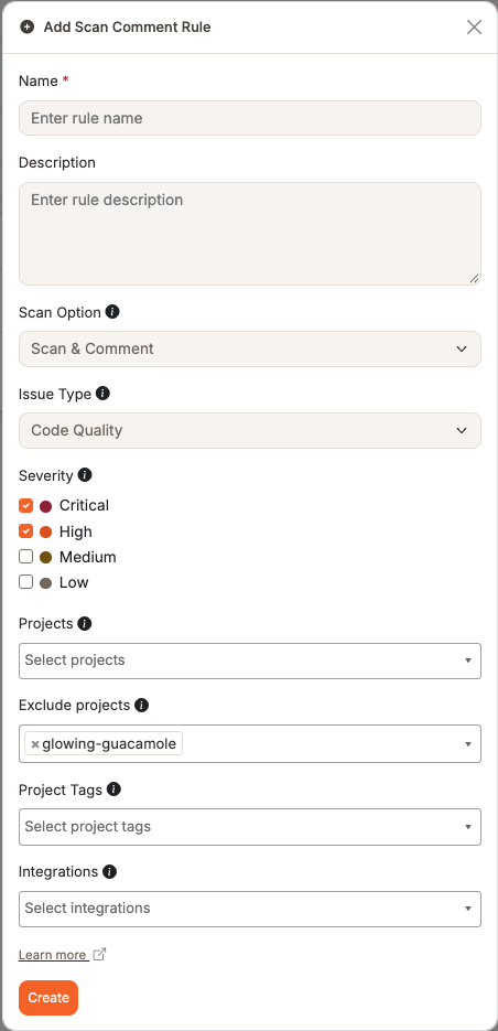 Boîte de dialogue Add Scan Comment Rule avec Projects vide, donc Exclude projects est disponible