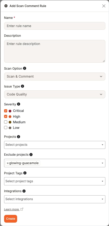 Projectsが空のためExclude projectsが使えるAdd Scan Comment Rule