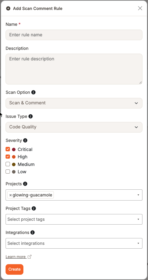 Boîte de dialogue Add Scan Comment Rule avec Issue Type sur Code Quality et un projet sélectionné. Exclude projects reste masqué.